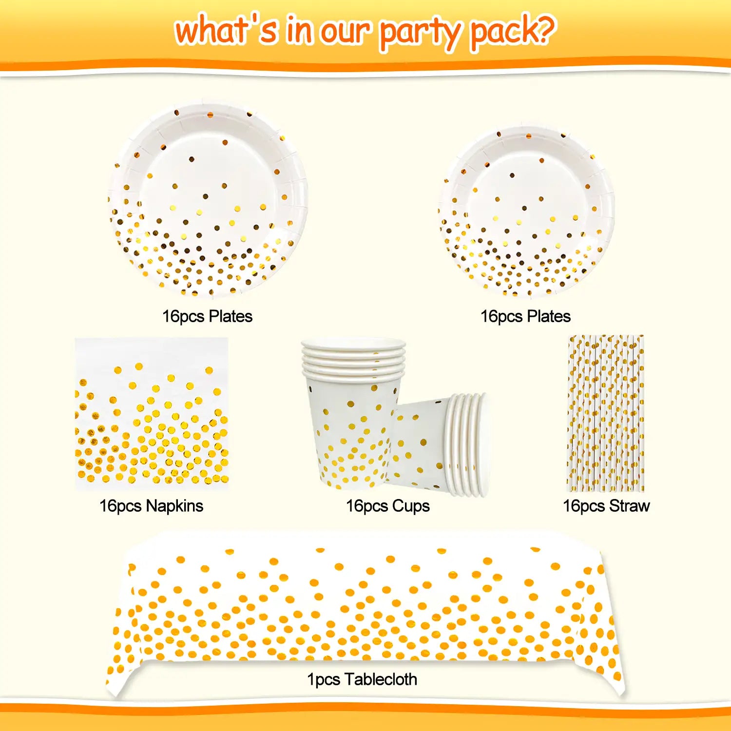 White and Gold Party Supplies 81PCS/Serves 16 Disposable Dinnerware Set, Golden Dot Paper Plates Cups Straw Tablecloth Gold Plastic Forks Knives Spoons for Graduation, Birthday, Holiday (White)