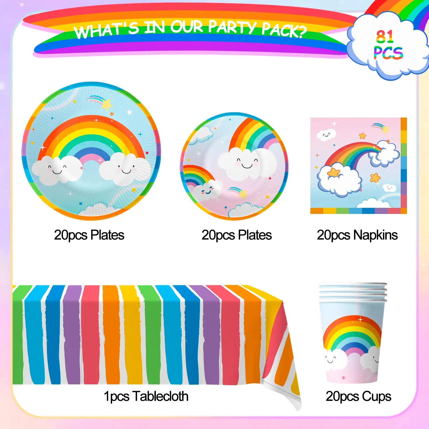 Rainbow Party Supplies, 20 Guests Rainbow Plates and Napkins Party Supplies Includ Rainbow Party Plates and Cups and Napkins Sets With Rainbow Tablecloth etc Rainbow Party Decorations for Girls Kids