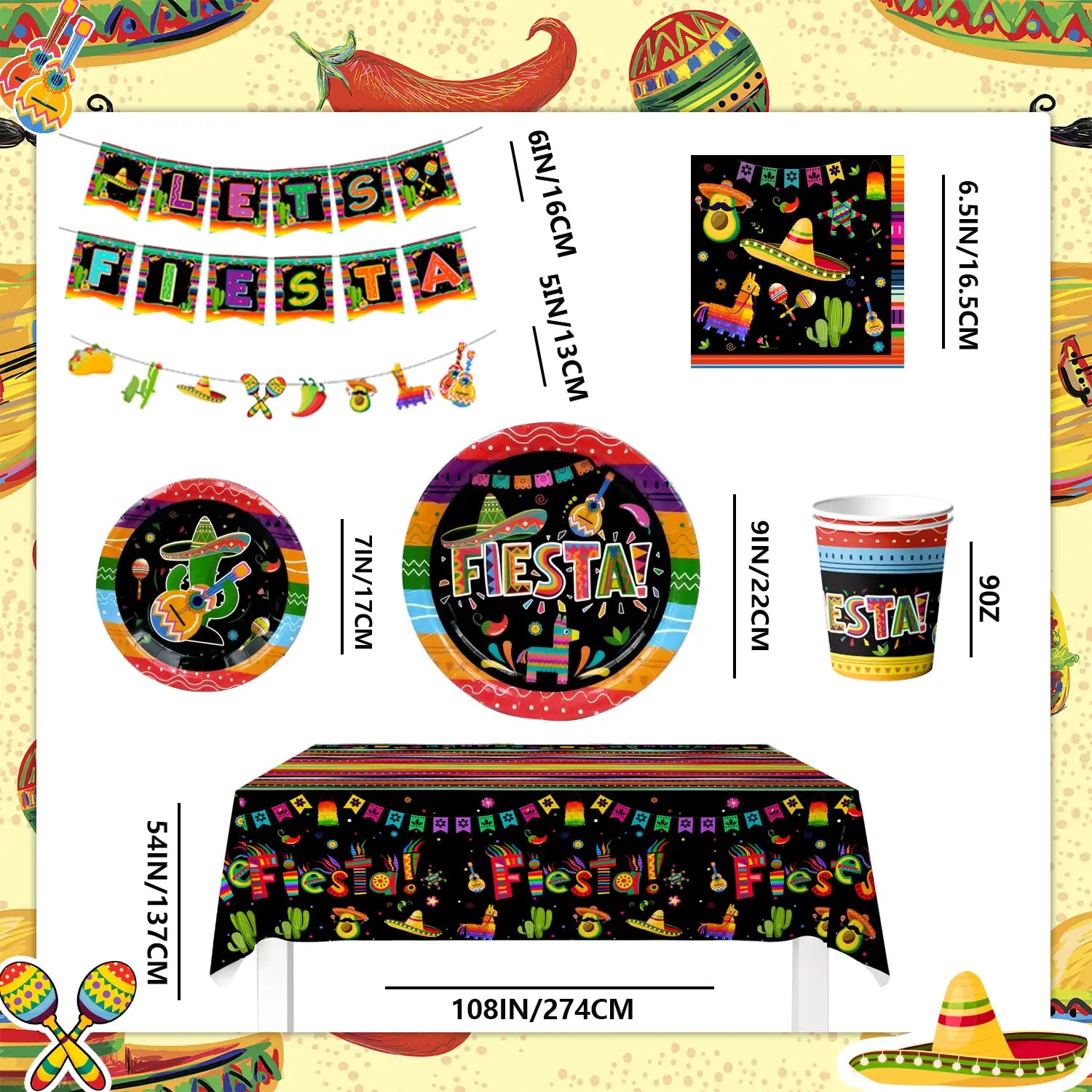 Mexican Themed Fiesta Party Supplies, 20 Guests Mexican Party Paper Tableware set Including Fiesta Plates Cups Napkins Tablecloth and Banner ect Fiesta Themed Party Supplies, for 20 Guests