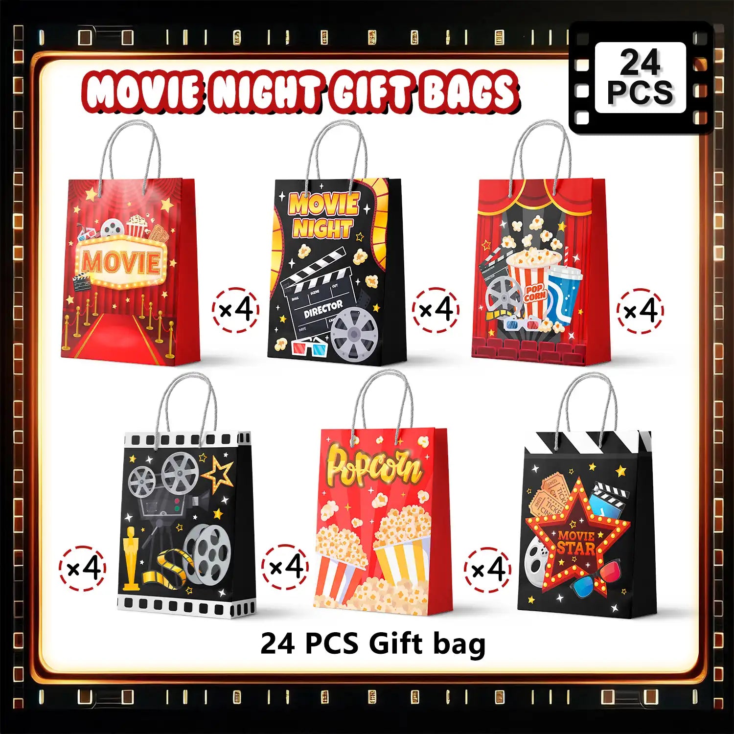 Movie Night Gift Bags, 24 Pcs Movie Night Treat Bags Set - Movie Night  Party Gift Bags, Movie Night Themed Goodie Bag & Movie Night Birthday Gift Bag for Movie Night Birthday Party Decorations