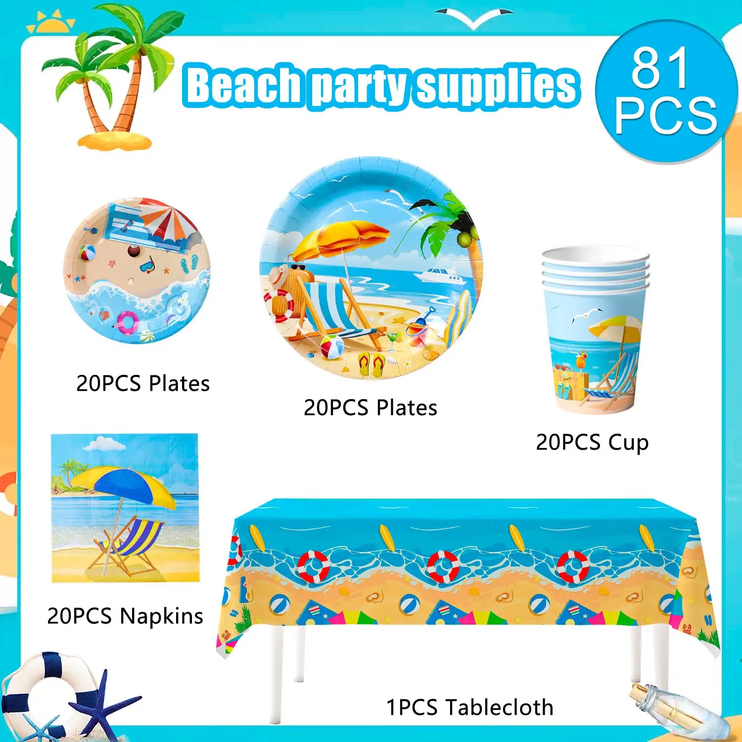 Beach Party Supplies,81pcs Beach Plates And Napkins Party Supplies Includ Beach Theme Paper Plates Cups Napkins&Summer Beach Table Cloth etc Summer Beach Party Tableware for Beach Themed Party Decor
