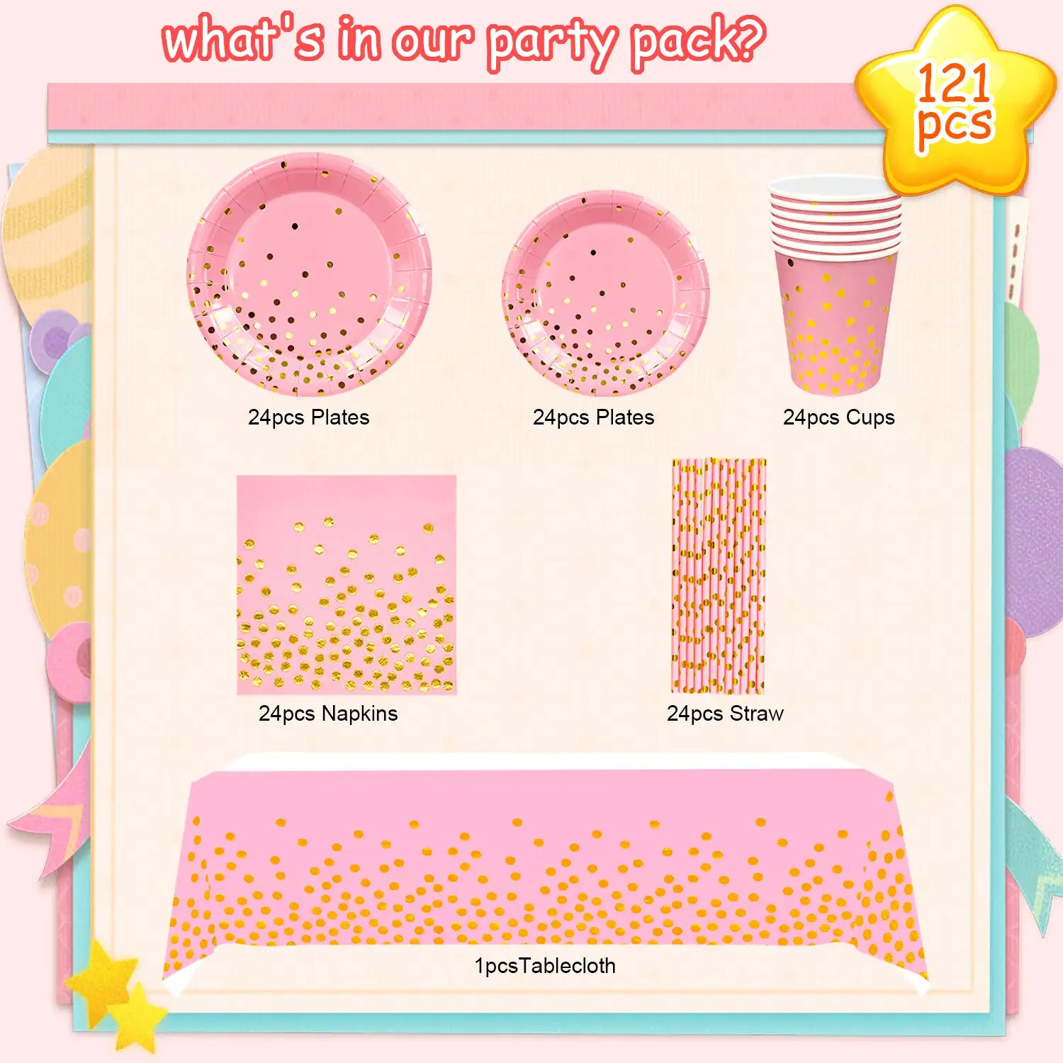 Pink and Gold Party Supplies, 24 Guests Disposable Dinnerware Set, Golden Dot Paper Plates Cups Straw Tablecloth Gold Plastic Forks Knives Spoons for Graduation, Birthday, Holiday (Pink)