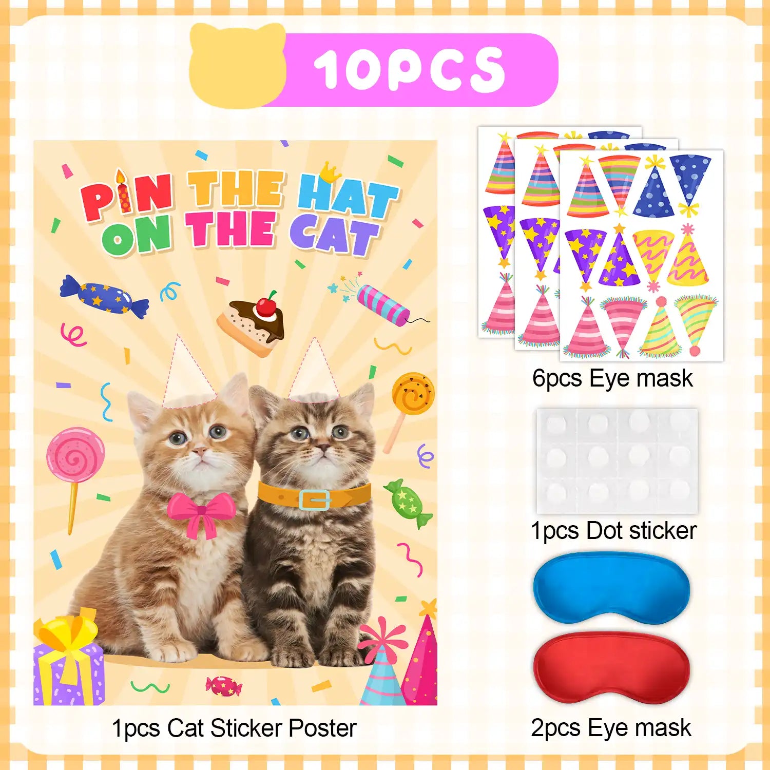 Pin The Hat on The Cat Party Games, 7 Pcs Cat Birthday Party Games Kit - Cat Games Poster, Cat Party Games Blindfold & Cat Birthday Hat Stickers etc Cat Birthday Decorations Supplies