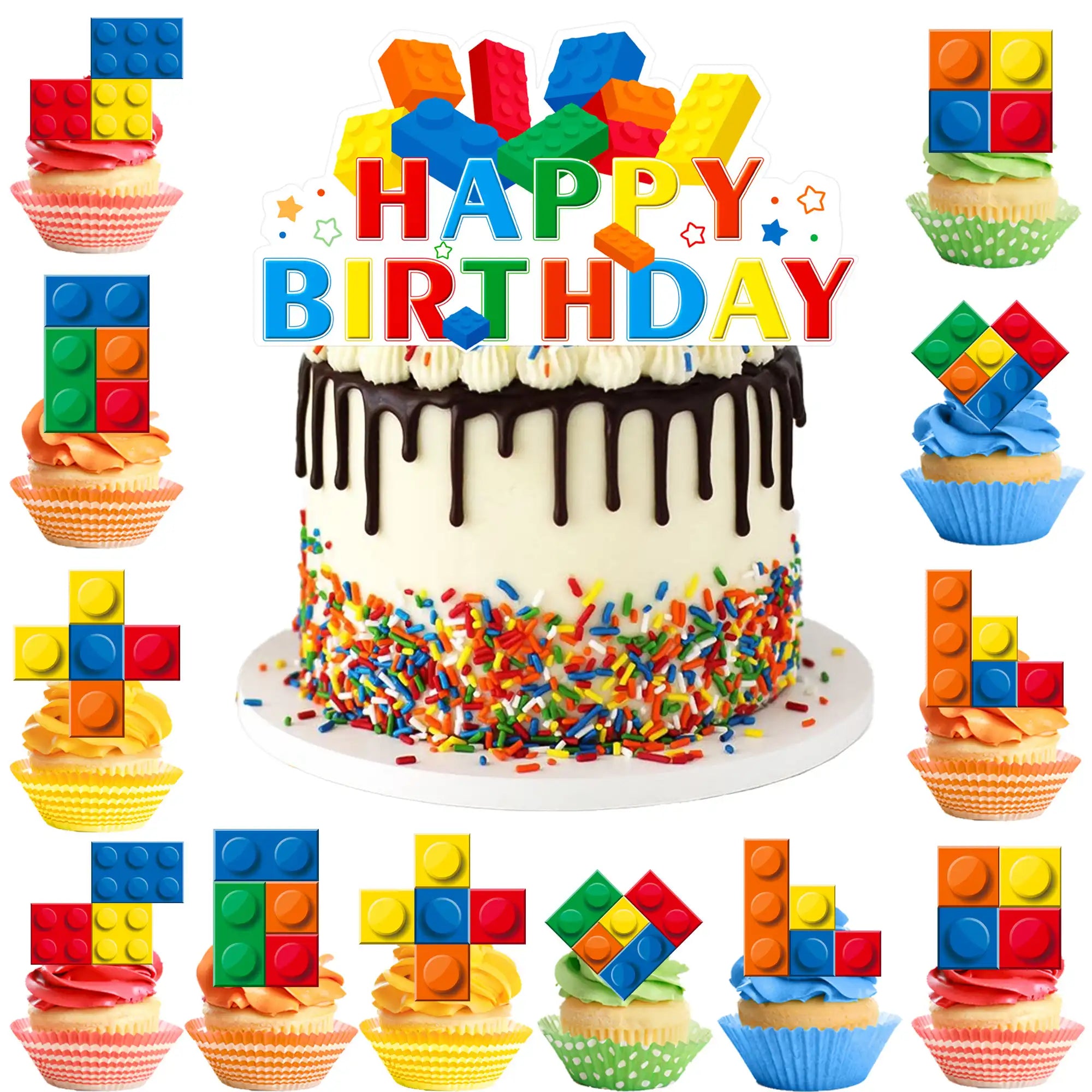 Building Blocks Cake Topper, 24 Pcs Building Block Birthday Party Cupcake Toppers + 1 Pcs Building Block Birthday Cake Topper/Building Blocks Cake Decorations for Building Block Theme Party Decoration