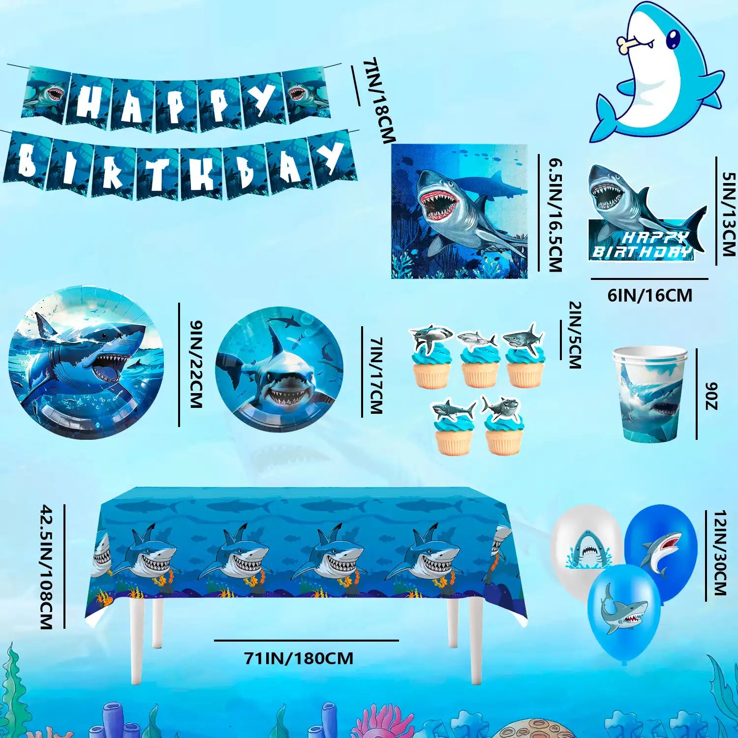 Shark Party Supplies, 10 Guests Shark Birthday Party Decorations & Shark Party Tableware Set - Shark Plates and Napkins Tablecloths & Shark Balloons Banner Shark Cake Toppers etc Shark Party Decorations