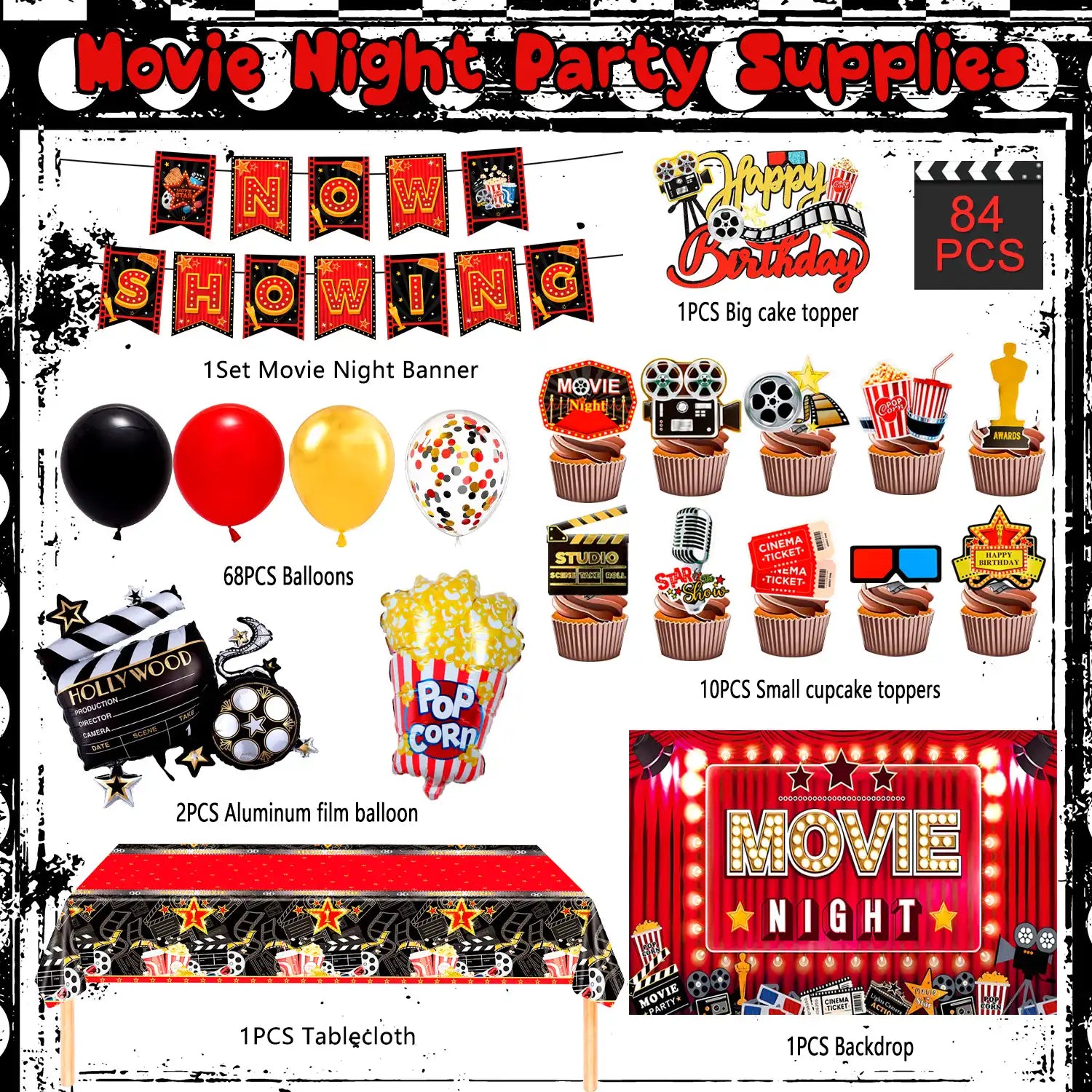 Movie Night Party Decorations, 84 Pcs Movie Night Party Supplies - Movie Night Party Balloons Backdrop Tablecloth & Movie Night Happy Birthday Banner etc Movie Night Birthday Party Decorations