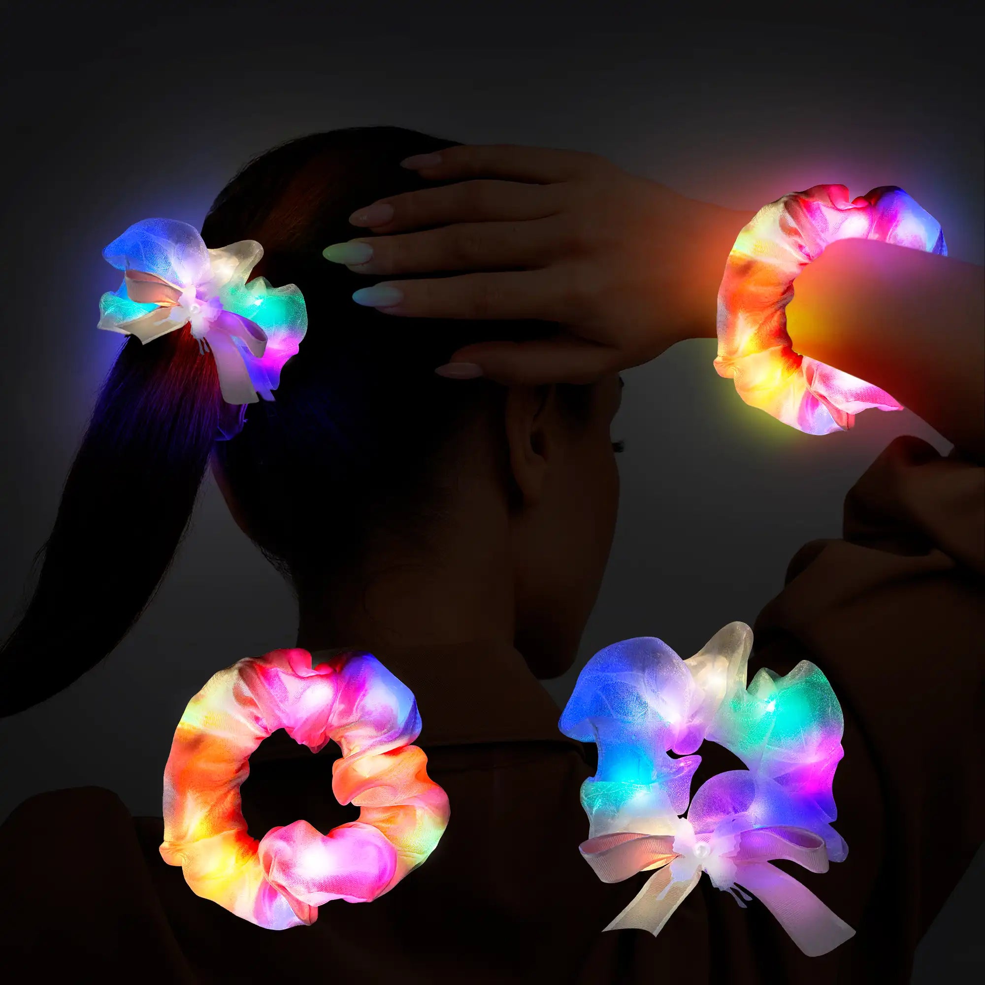 Light Up Scrunchies for Girls, 2 Pcs Glow Scrunchies Set - Glow in The Dark Scrunchies, Led Light Up Hair Scrunchies & Glow in The Dark Hair Ties, for Light Up Hair Accessories & Party Favors (Pink)