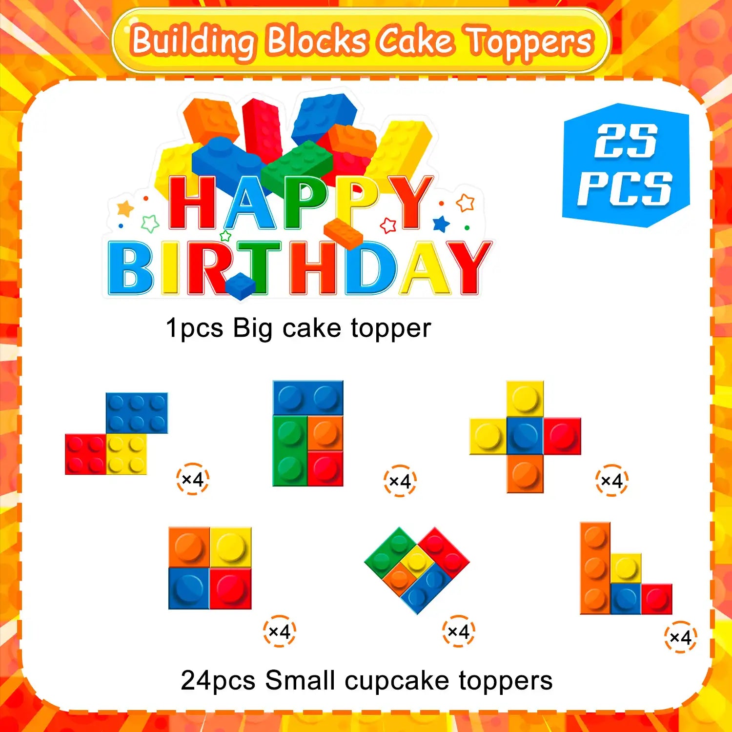 Building Blocks Cake Topper, 24 Pcs Building Block Birthday Party Cupcake Toppers + 1 Pcs Building Block Birthday Cake Topper/Building Blocks Cake Decorations for Building Block Theme Party Decoration