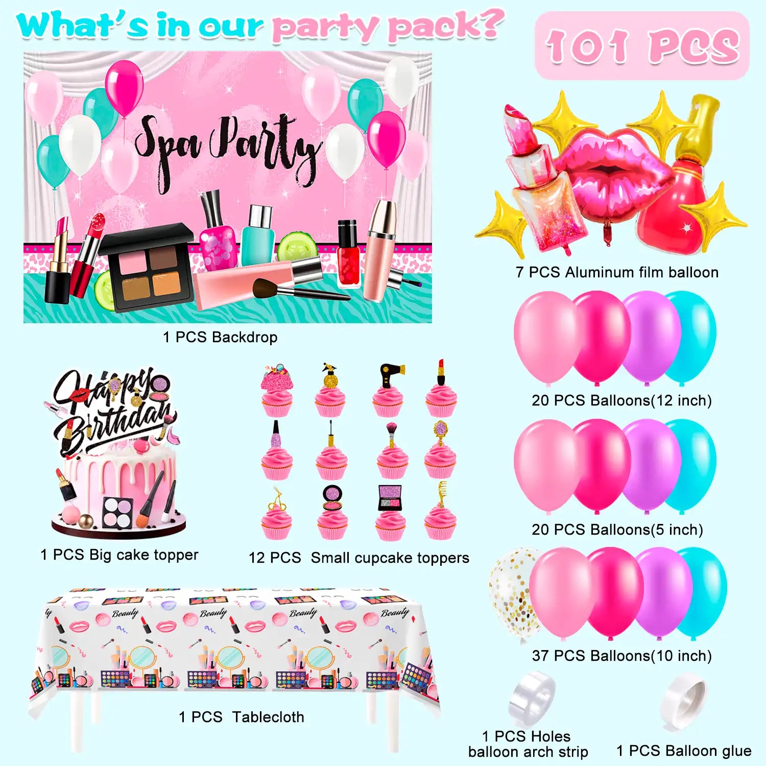 Makeup Birthday Party Decorations, 101 Pcs Spa Birthday Party Decorations - Spa Party Balloons Backdrop Cake Toppers Tablecloth etc Spa Party Decorations for Girls Spa Party Supplies