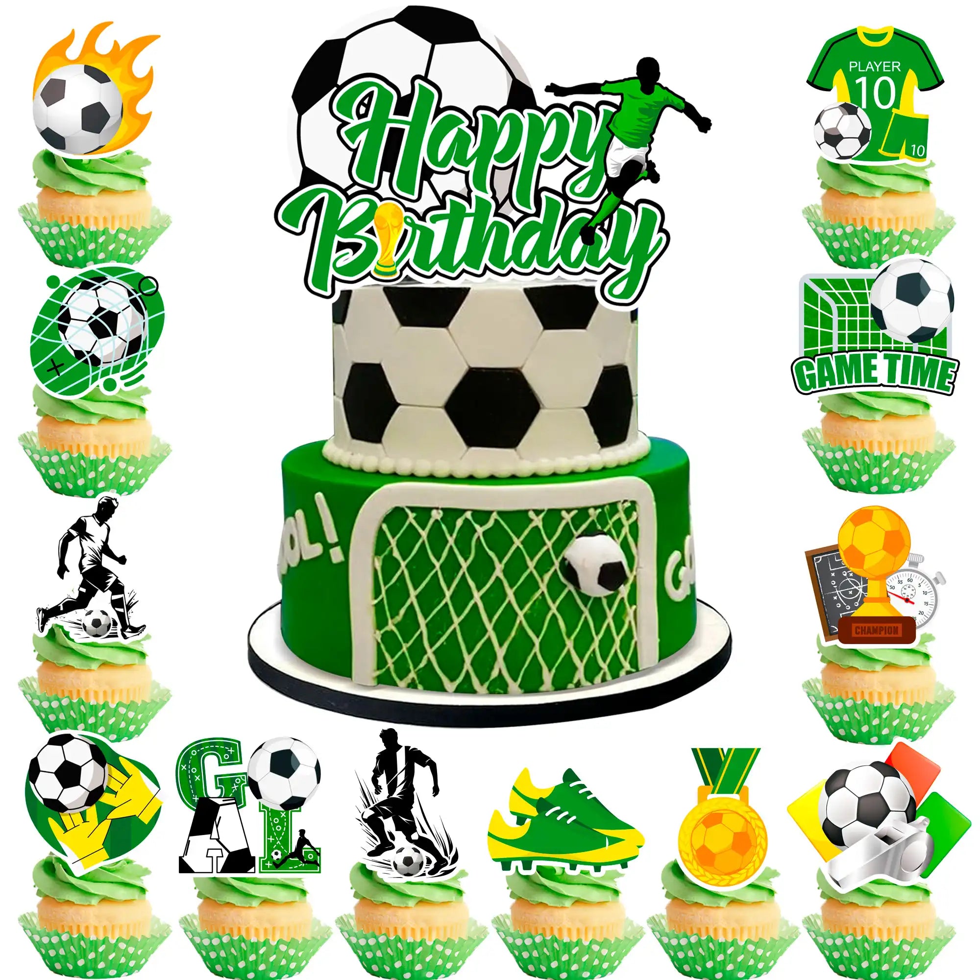 Soccer Cake Topper, 13pcs Soccer Cake Decorations Set - Soccer Cupcake Toppers + Soccer Ball Cake Topper/Soccer Birthday Cake Topper, Soccer Party Cake Topper for Soccer Birthday Party Decorations