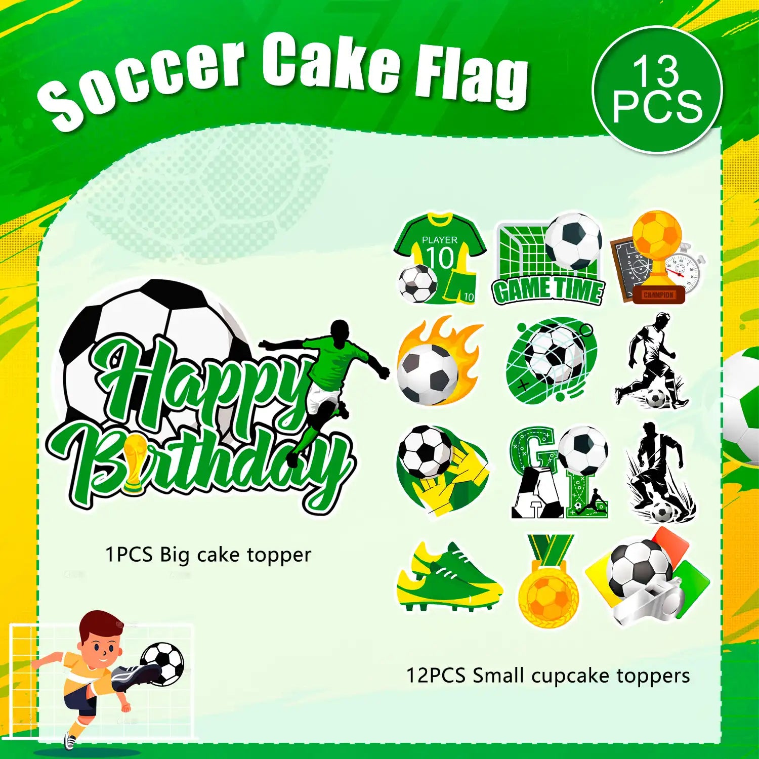 Soccer Cake Topper, 13pcs Soccer Cake Decorations Set - Soccer Cupcake Toppers + Soccer Ball Cake Topper/Soccer Birthday Cake Topper, Soccer Party Cake Topper for Soccer Birthday Party Decorations