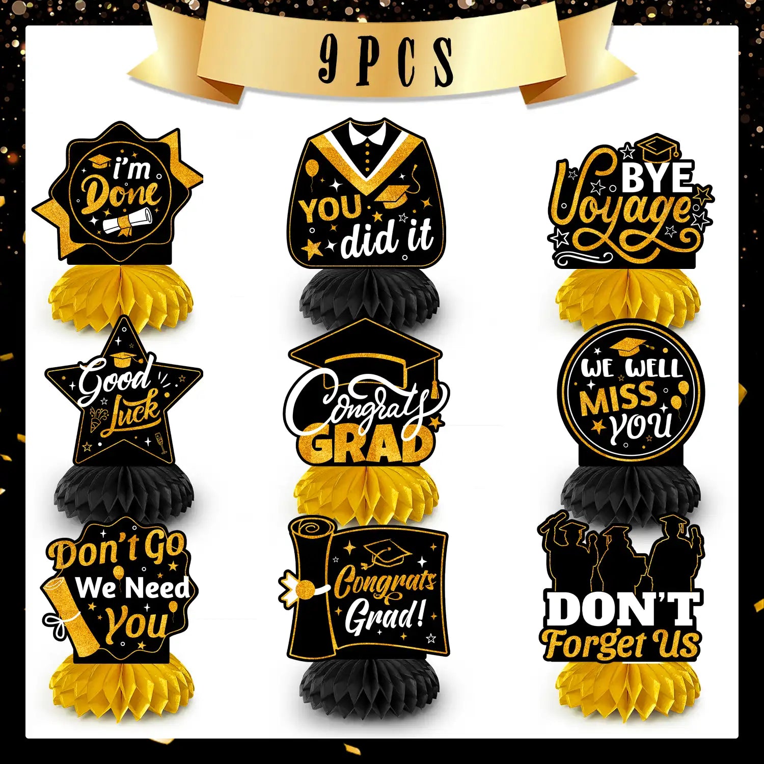 Graduation Honeycomb Decorations - 9pcs Graduation Party Honeycomb Decor/Graduation Honeycomb Centerpieces/Graduation Honeycomb Table Decor, Graduation Honeycomb Sign for Graduation Decorations 2025