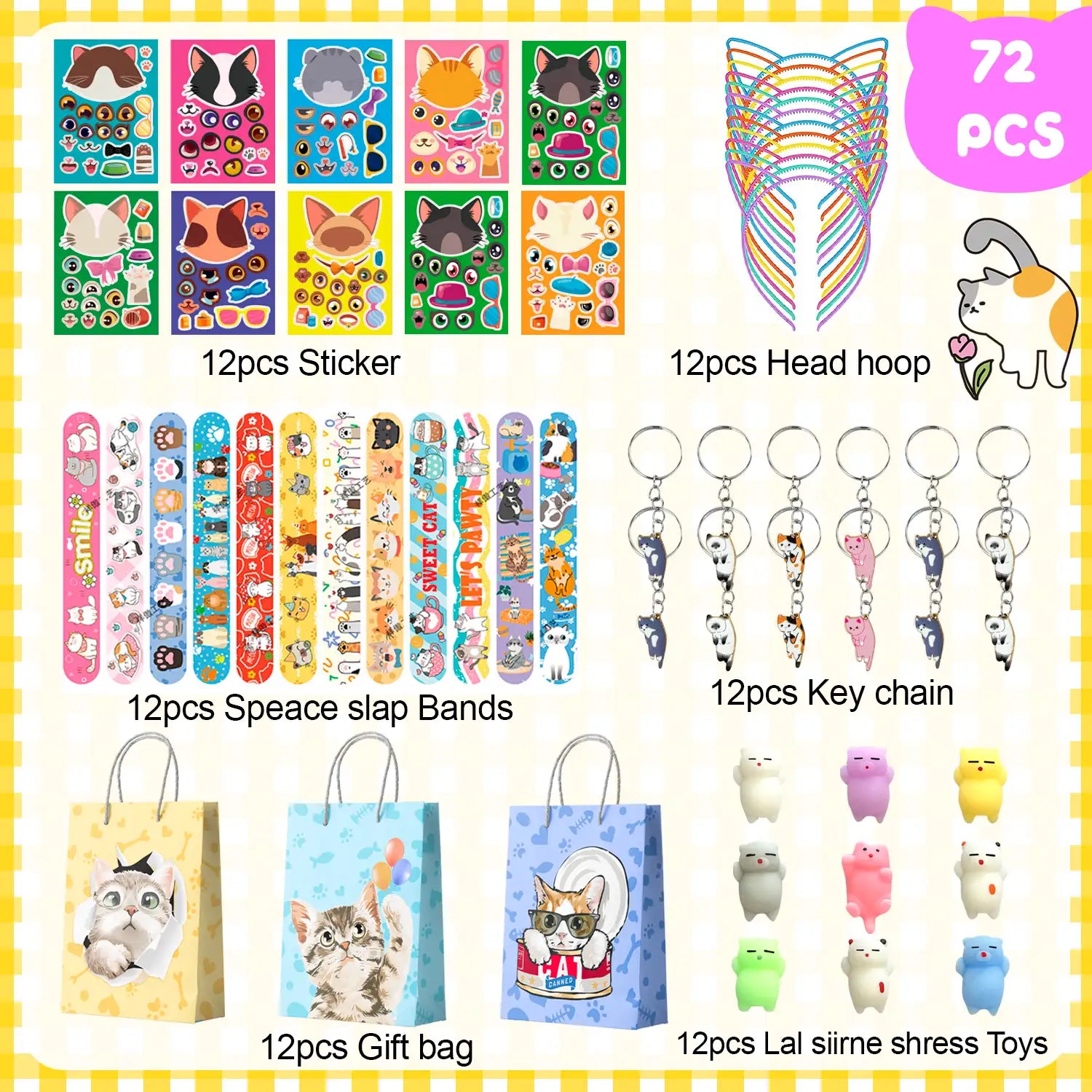 Cat Party Favors, 72pcs Kitty Party Favors Set Including Cat Goodie Bags Ears Headband Stickers Keychains Slap Bracelets etc Cat Themed Party Favors for Cat Birthday Party Decorations Supplies