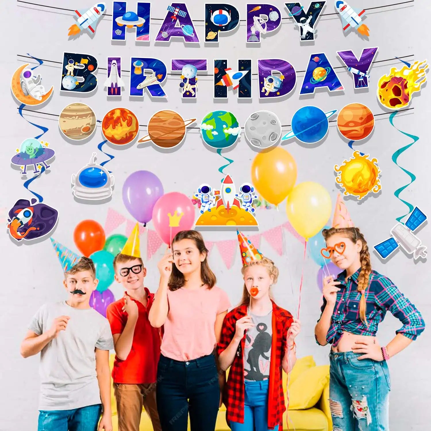 Outer Space Birthday Party Decorations Set - Space Themed Happy Birthday Banner & Solar System Hanging Swirl Decorations for Space Themed Party Decorations and Space Birthday Decorations Supplies