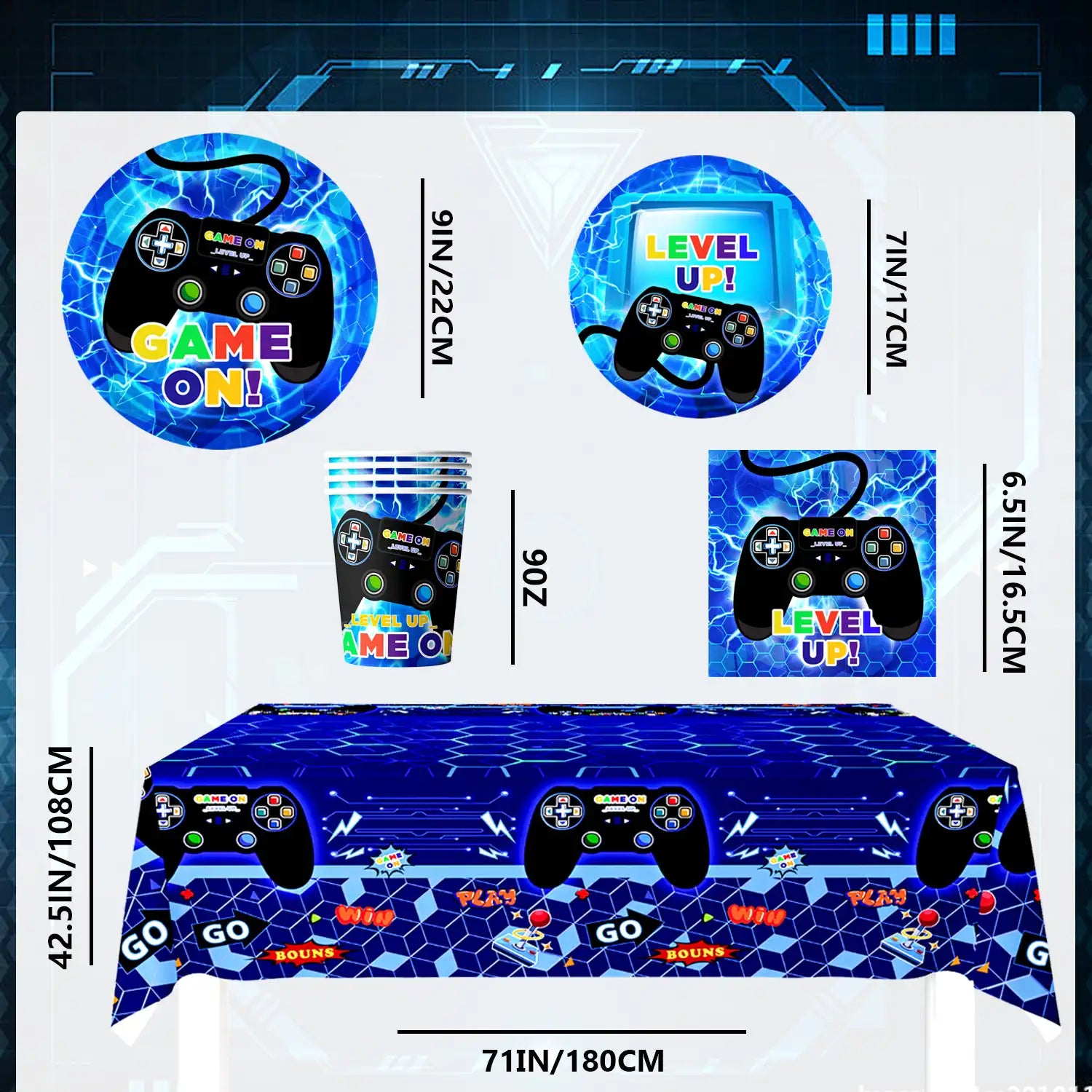 Gamer Birthday Decorations Blue, 16 Guests Gaming Party Tableware Set - Game Themed Party Plate Cups Napkins Tablecloth etc Video Game Birthday Party Supplies for Boys/Girls Kids, Serves 16