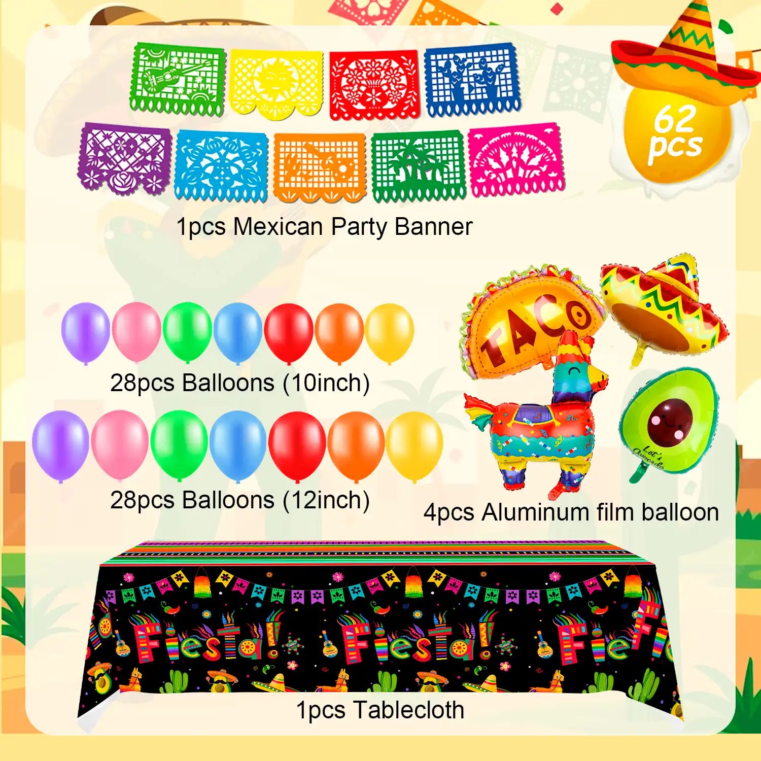 Mexican Fiesta Decorations, 62pcs Cinco De Mayo Decorations Set - Mexican Fiesta Balloon Banner & Mexican Fiesta Party Tablecloth etc Mexican Theme Party Decorations Supplies