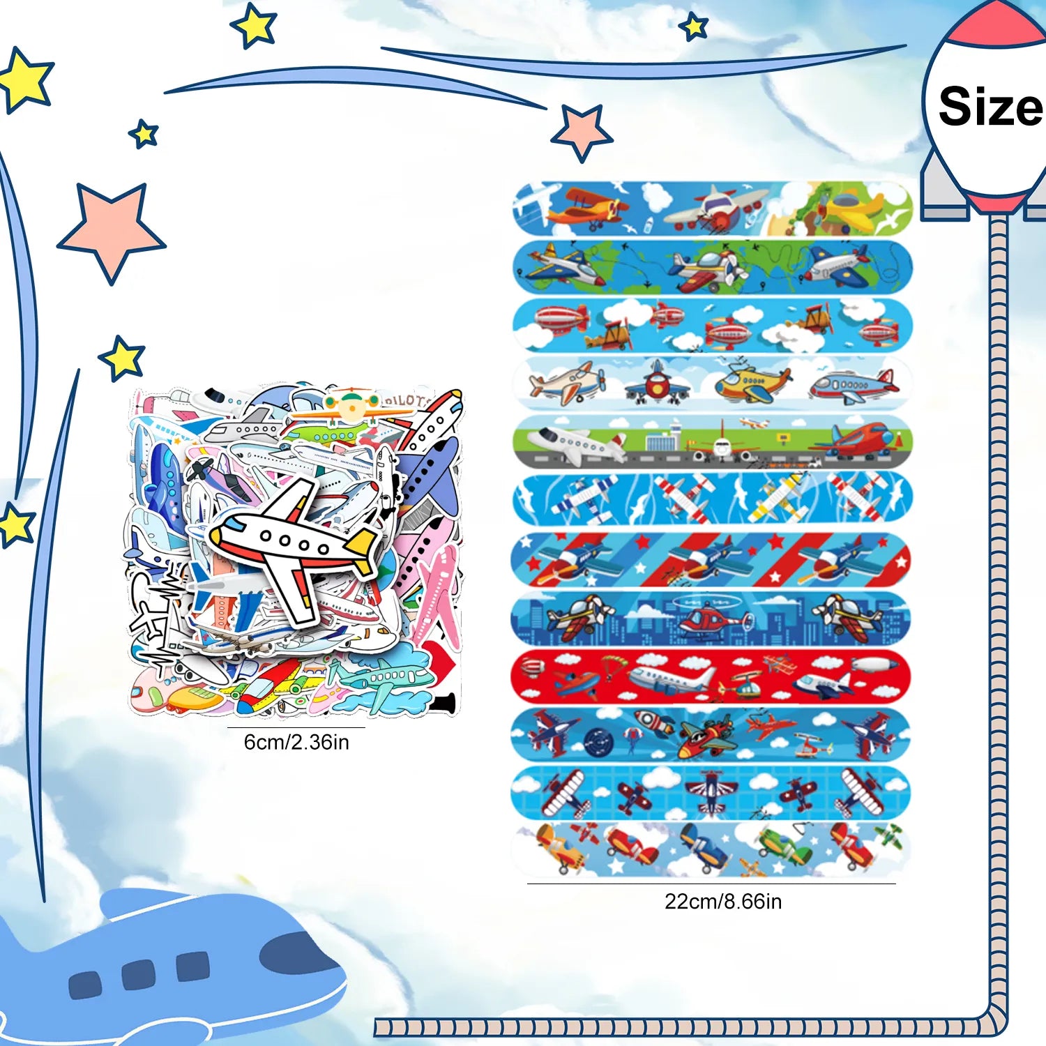 Airplane Party Favors Set - 40pcs Airplane Slap Bracelets + 50pcs Airplane Birthday Stickers for Airplane Party Decorations, Airplane Birthday Party Favors for Kids
