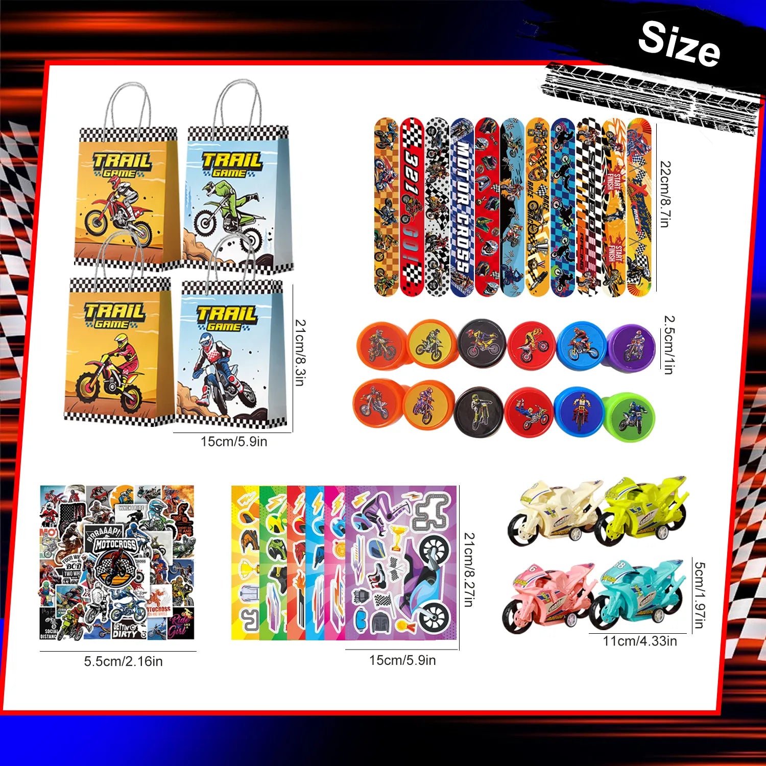 Motorcycle Party Favors, 110pcs Motocross Birthday Party Favors Set - Dirtbike Birthday Goodie Bag Slap Bracelets Stampers & Make Your Own Motorcycle Stickers etc Motocross Birthday Favors