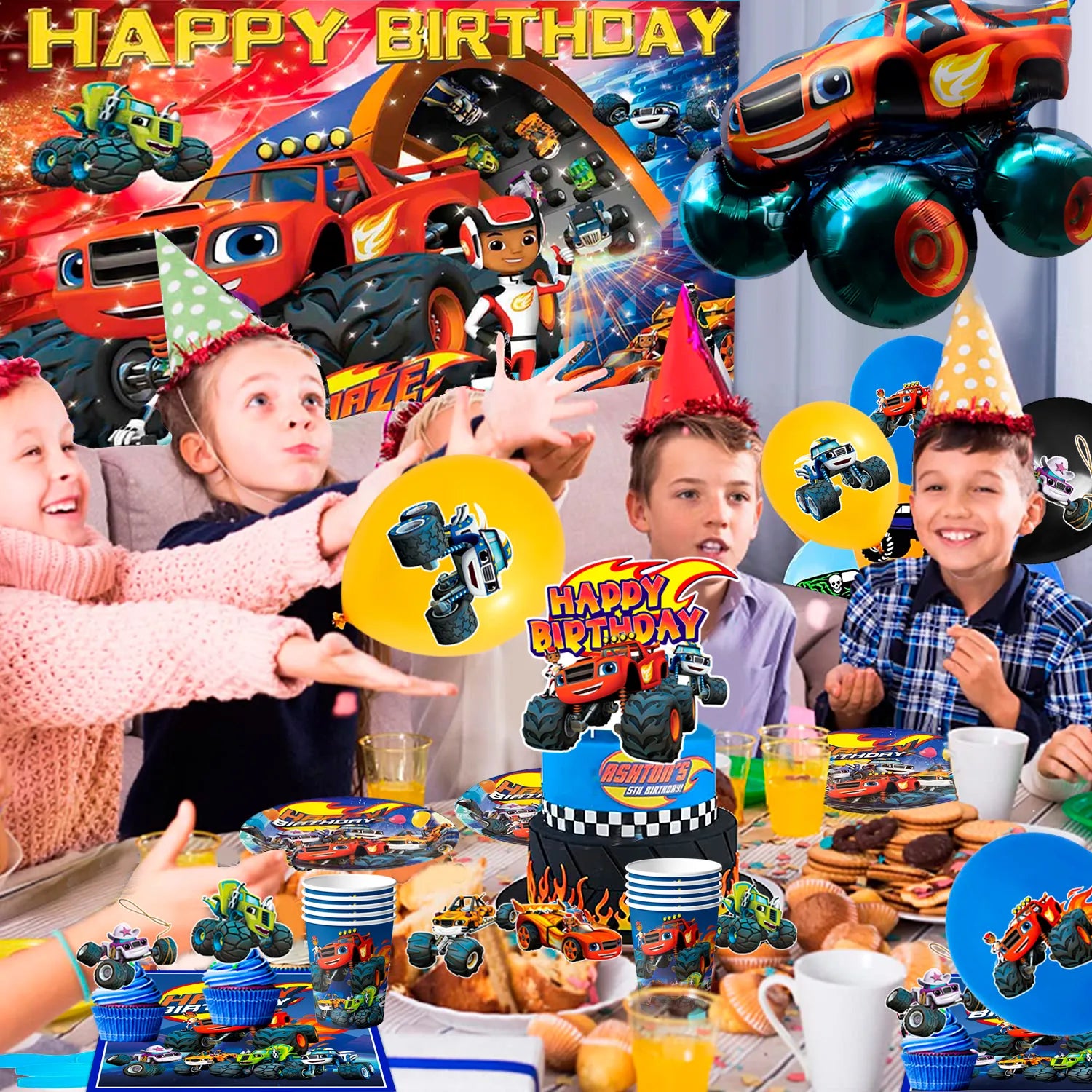 Monster Truck Party Supplies, 16-Person Monster Truck Birthday Decorations&Tableware Set-Monster Truck Birthday Plates Cups Tablecloth& Monster Truck Balloon Backdrop etc Blaze Party Decorations for Kids