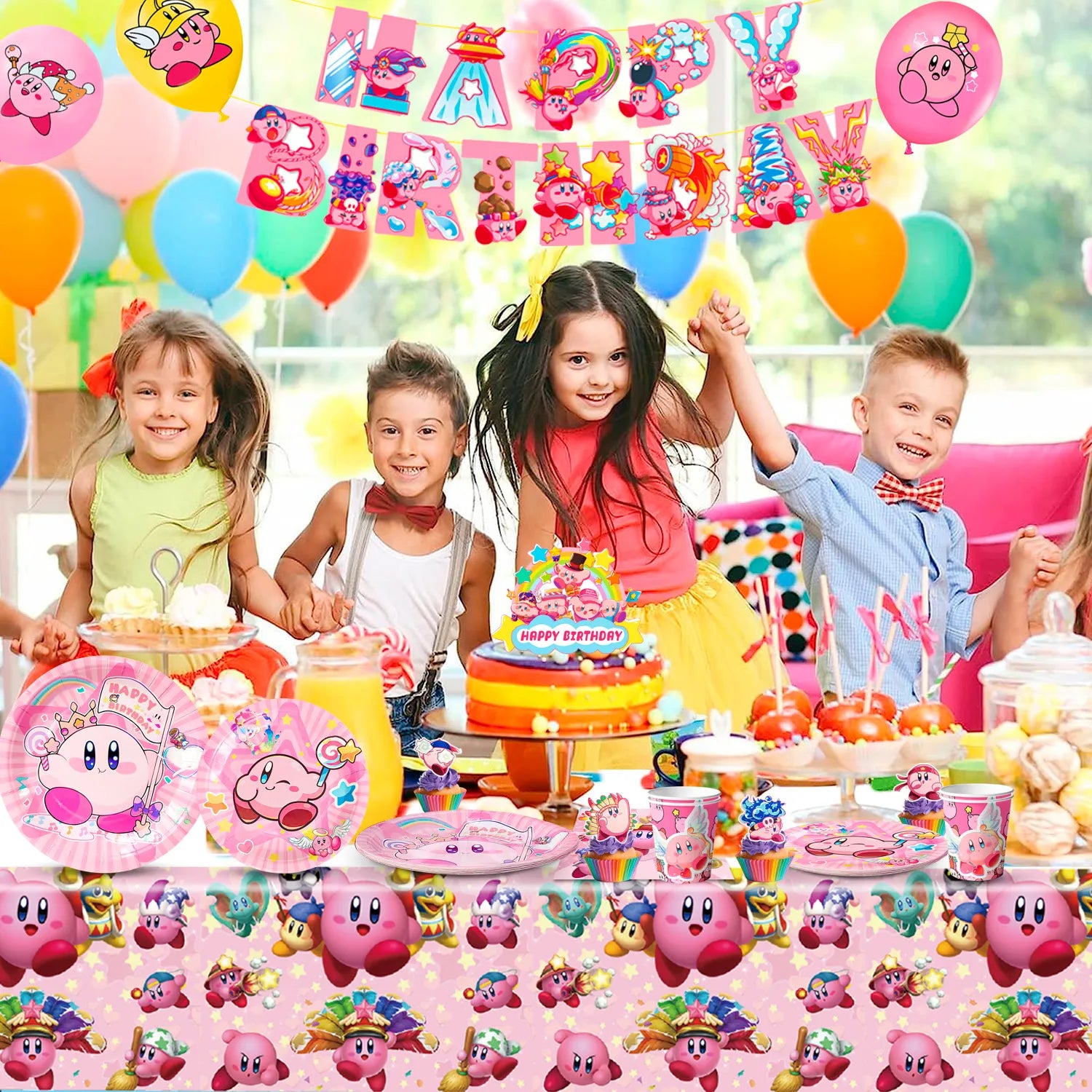 Kirby Party Supplies, 10-Person Kirby Birthday Party Decorations and Kirby Tableware Set - Kirby Plates and Napkins Cups Table Cloth Backdrop Kirby balloons etc Kirby Theme Birthday Supplies