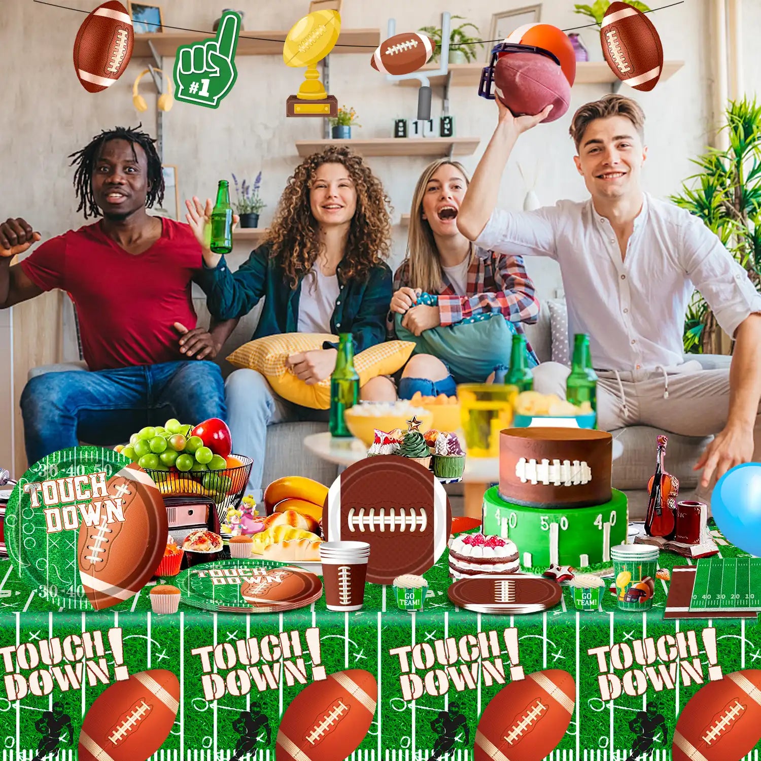 Football Party Supplies Tableware, 24Guests Football Party Tableware Set - Football Plates and Napkins Cup Tablecloth & Swirls etc Football Party Decorations for Football Birthday Party,Tailgate Party