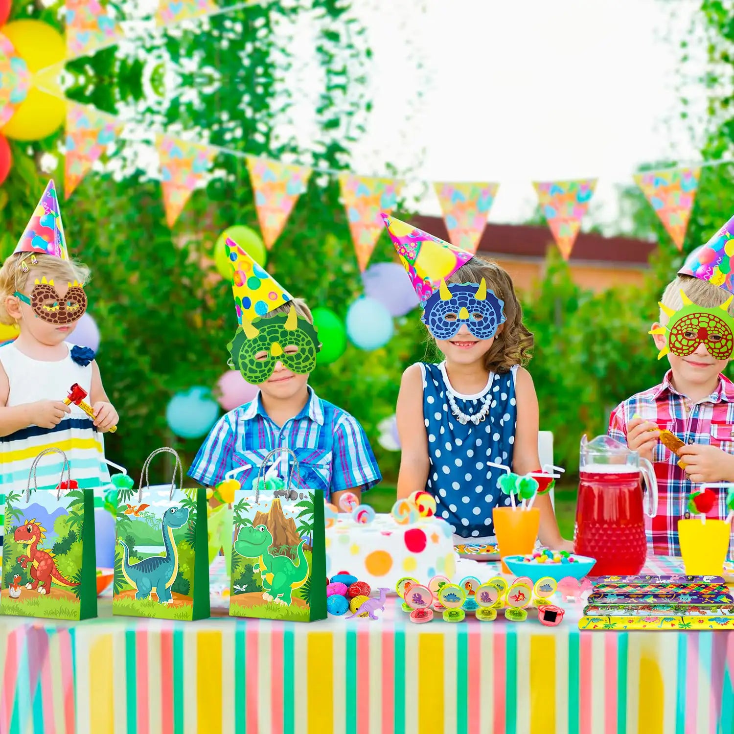 Dinosaur Party Favors for Kids, 12 Guests All-in-One Dinosaur Birthday Party Favors Set - Dino Party Favor Bags Keychains Stampers Stickers Toys Clap Bracelets etc Dinosaur Birthday Party Supplies