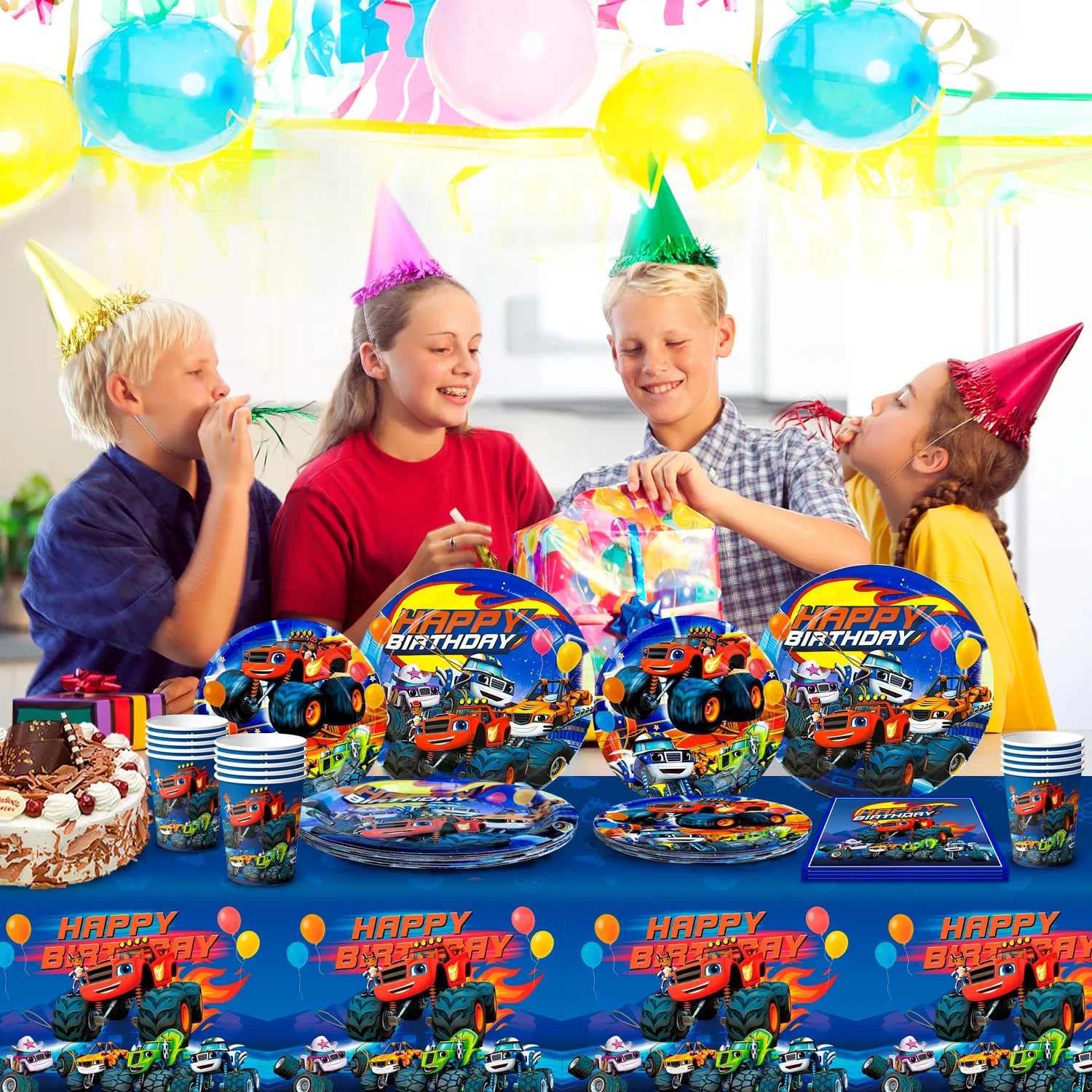 Monster Truck Birthday Party Supplies,65pcs Monster Truck Tableware Set - Monster Trucks Birthday Plates Napkins Paper Cups & Monster Truck Tablecloth etc Monster Truck Party Supplies for Boys Kids