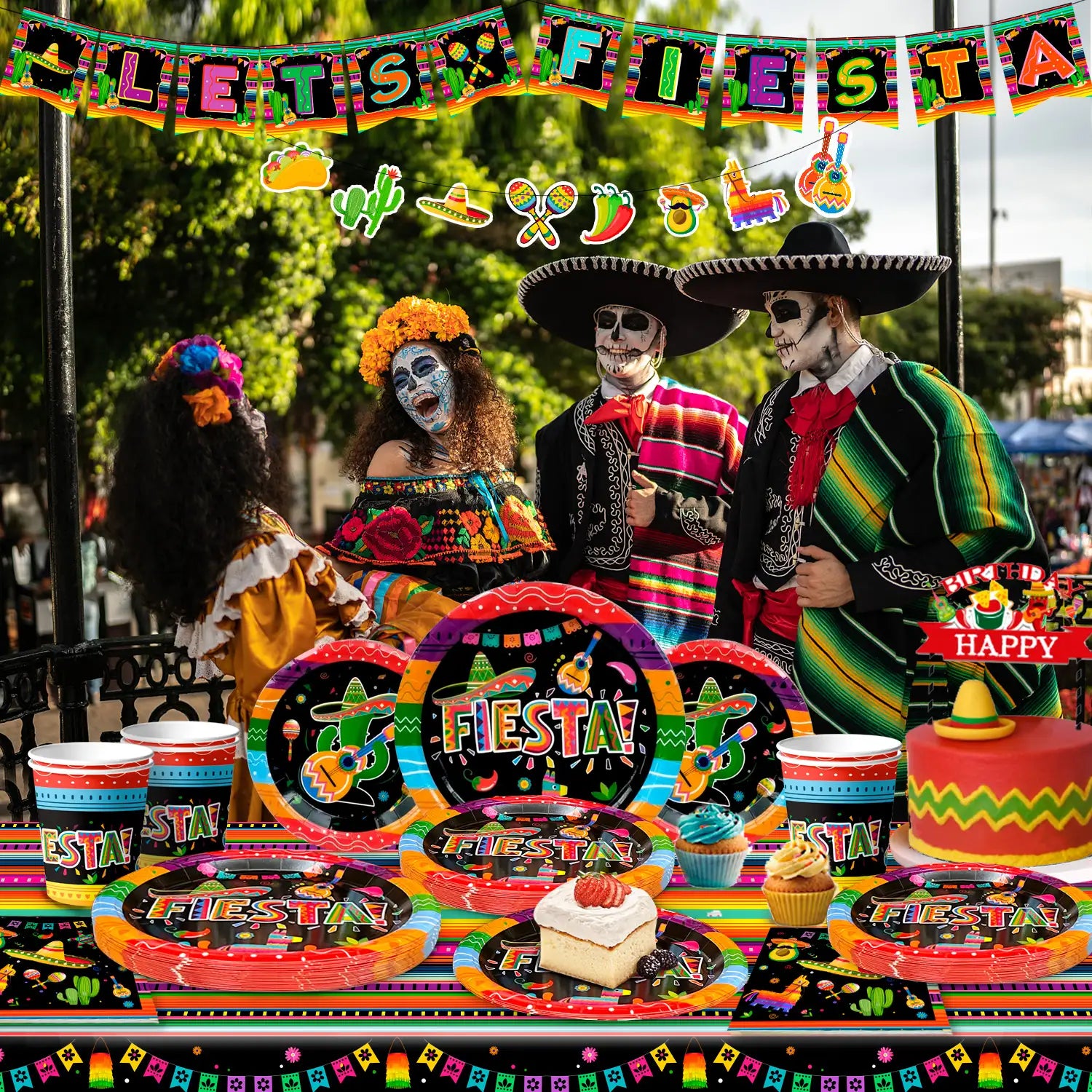 Mexican Themed Fiesta Party Supplies, 20 Guests Mexican Party Paper Tableware set Including Fiesta Plates Cups Napkins Tablecloth and Banner ect Fiesta Themed Party Supplies, for 20 Guests