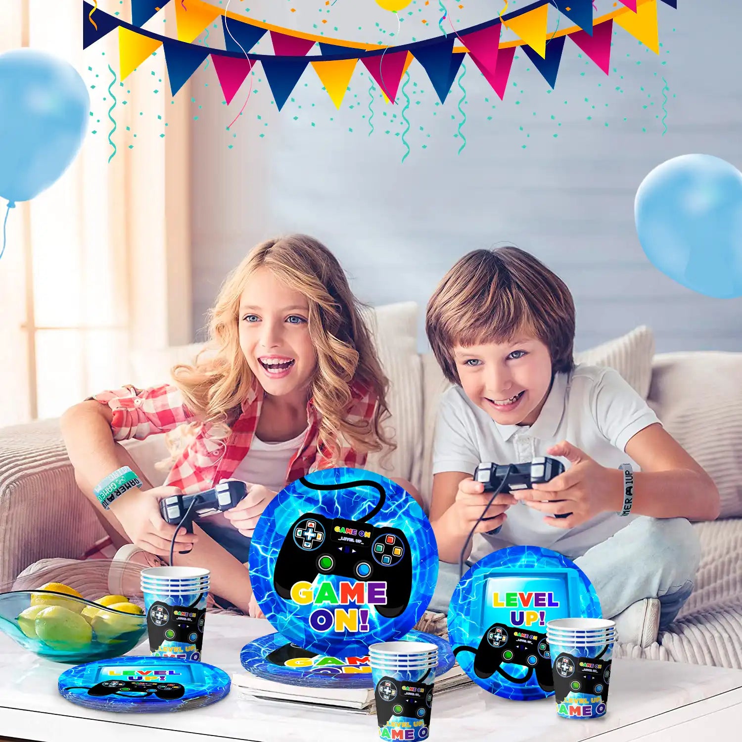 Gamer Birthday Decorations Blue, 16 Guests Gaming Party Tableware Set - Game Themed Party Plate Cups Napkins Tablecloth etc Video Game Birthday Party Supplies for Boys/Girls Kids, Serves 16