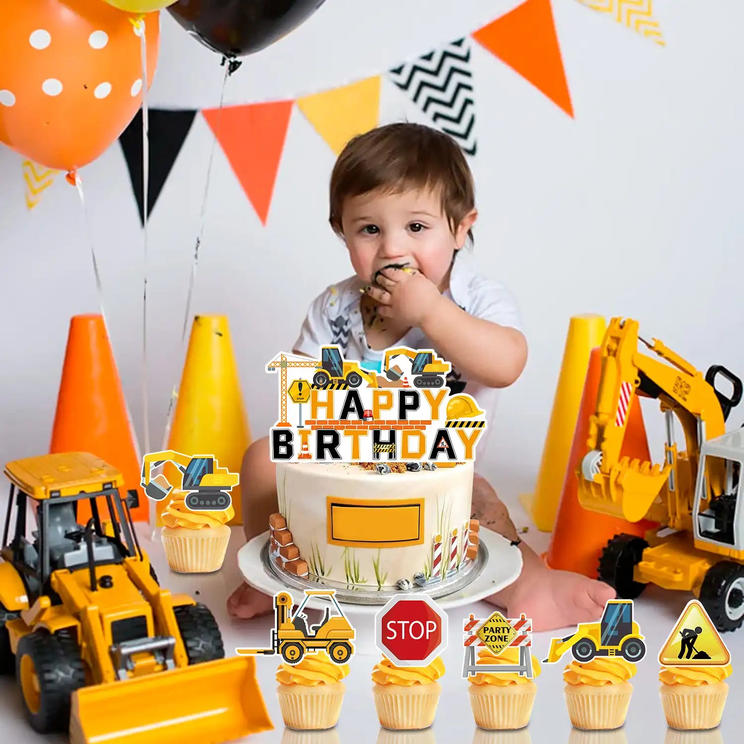 Construction Cake Topper, 13 Pcs Construction Cake Decorations Set-Construction Birthday Cake Topper & Construction Cupcake Toppers/Excavator Cupcake Toppers for Construction Birthday Party Supplies