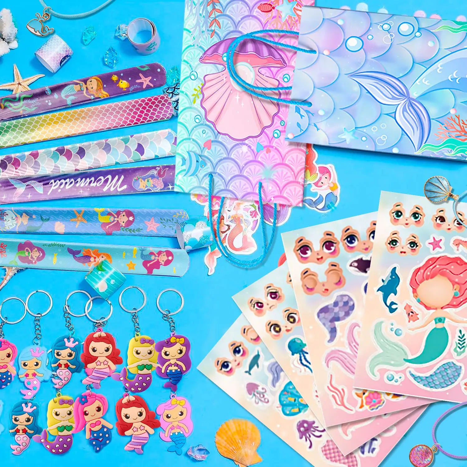 84pcs Mermaid Party Favors for Boys and Girls with Mermaid Birthday Rings Keychain Slap Bracelets Bags Hair Clips Necklace etc Mermaid Birthday Party Favors for Mermaid Birthday Decorations Supplies