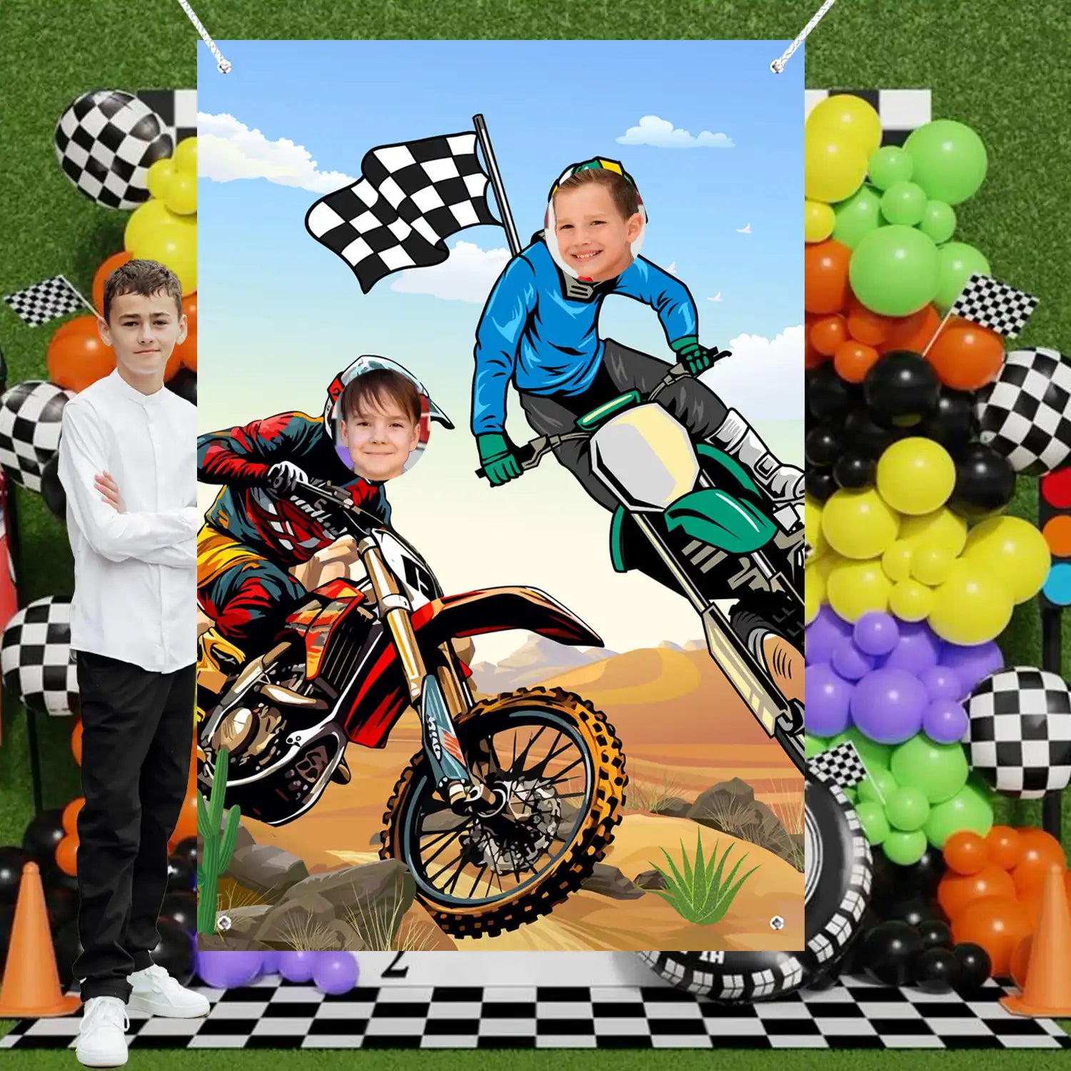 Dirt Bike Photography Background, 59.06''x39.37'' Motocross Photo Backdrop, Motocross Face Photography Backdrop & Motorcycle Happy Birthday Backdrop for Dirt Bike Birthday Party Decorations
