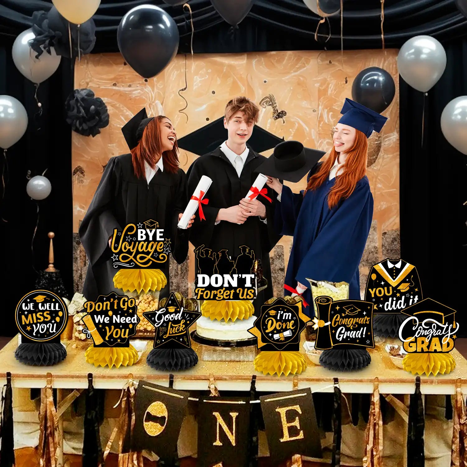 Graduation Honeycomb Decorations - 9pcs Graduation Party Honeycomb Decor/Graduation Honeycomb Centerpieces/Graduation Honeycomb Table Decor, Graduation Honeycomb Sign for Graduation Decorations 2025
