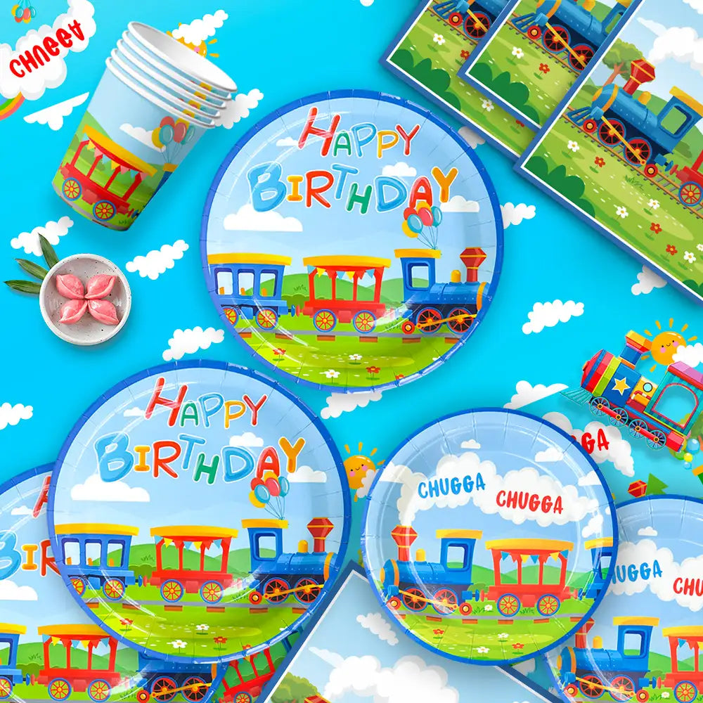 Train Birthday Party Supplies, 16 Guests Train Party Decorations Tableware Set - Train Plates and Cups Napkins & Train Birthday Banner Tablecloth etc Train Themed Tableware for Boys/Girls Kids