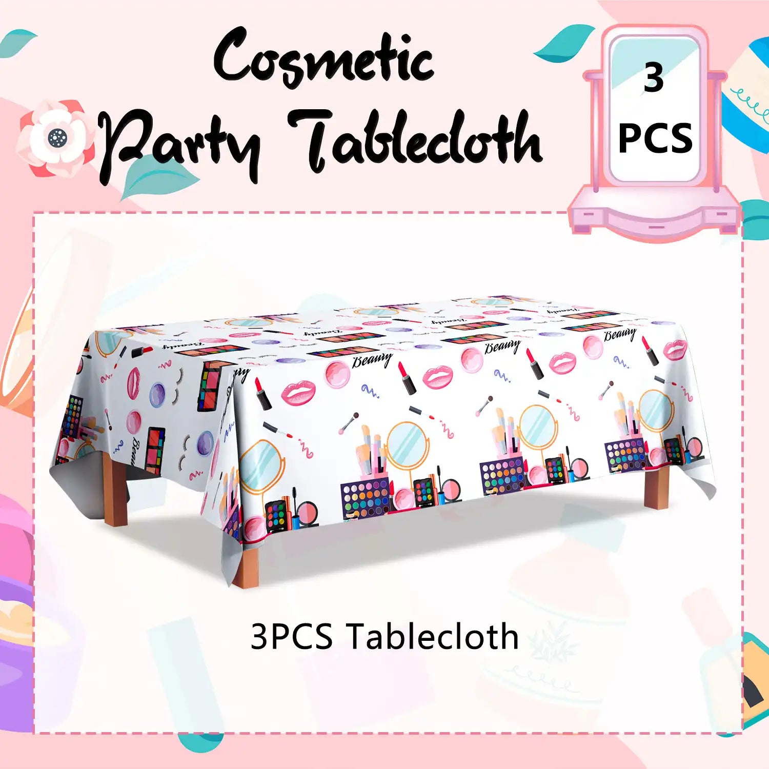 Makeup Party Tablecloth, 3 Pcs Makeup Theme Tablecloth Spa Party Table Cover for Spa Birthday Party Decorations, Spa Birthday Party Tablecloth for Makeup Spa Party Decorations Supplies (108'' x 54'')