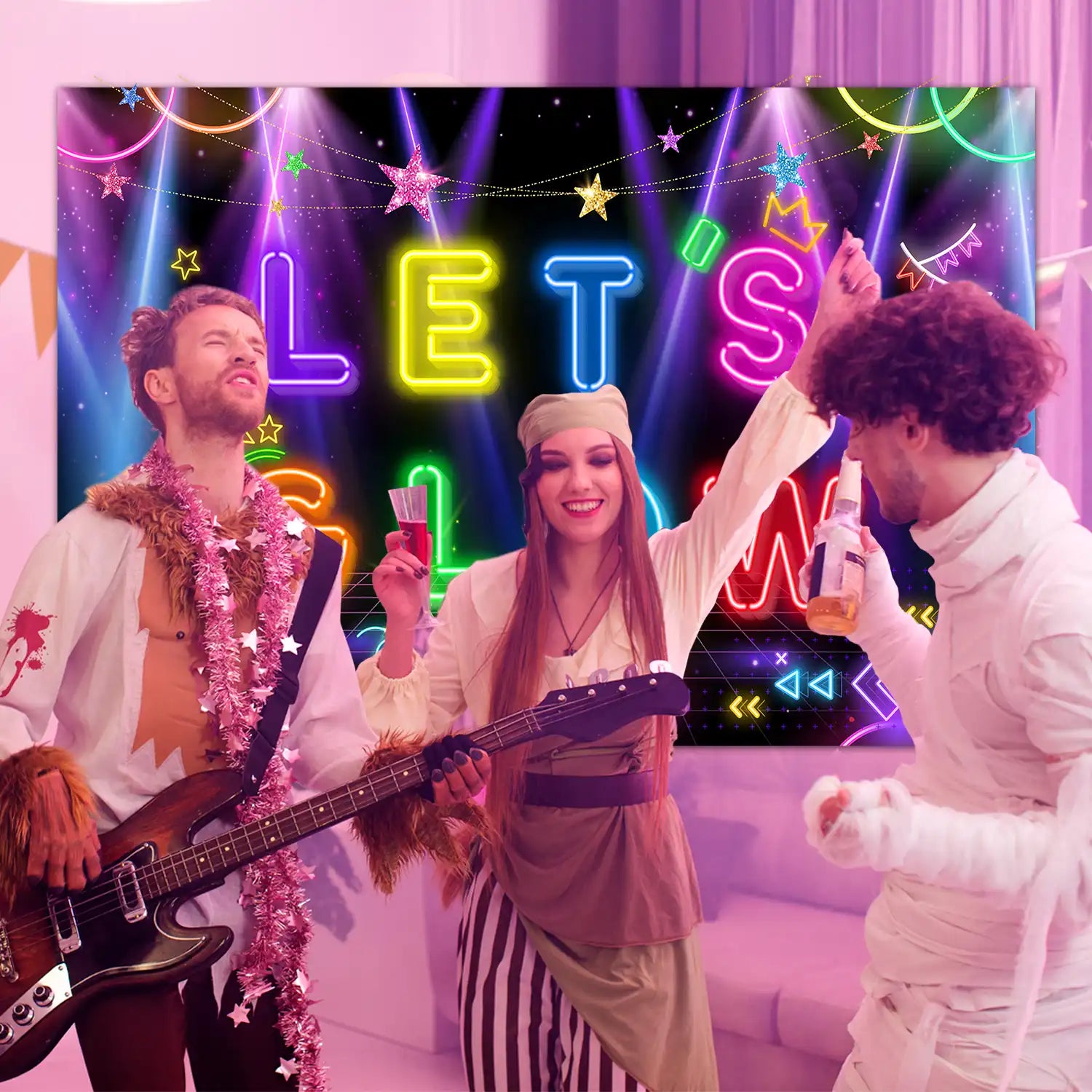Neon Let's Glow Party Backdrop, 180x110 CM Lets Glow Backdrop, Glow in The Dark Backdrop & Neon Backdrop for Glow Party, for Lets Glow Party Decorations & Neon Birthday Party Decorations
