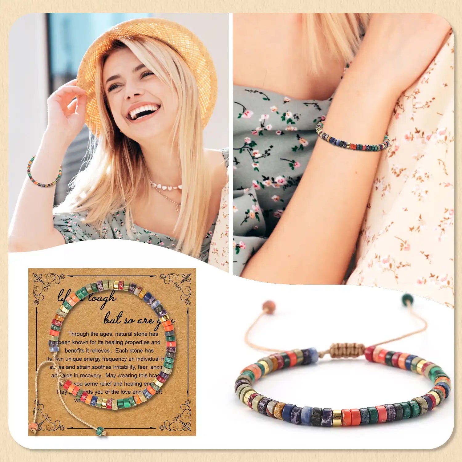 Adjustable Bracelet for Women, 3-6'' Natural Stone Bracelets Semi-Precious Gemstone Beaded Bracelets Healing Crystal Bracelet, Spiritual Bracelet Gift