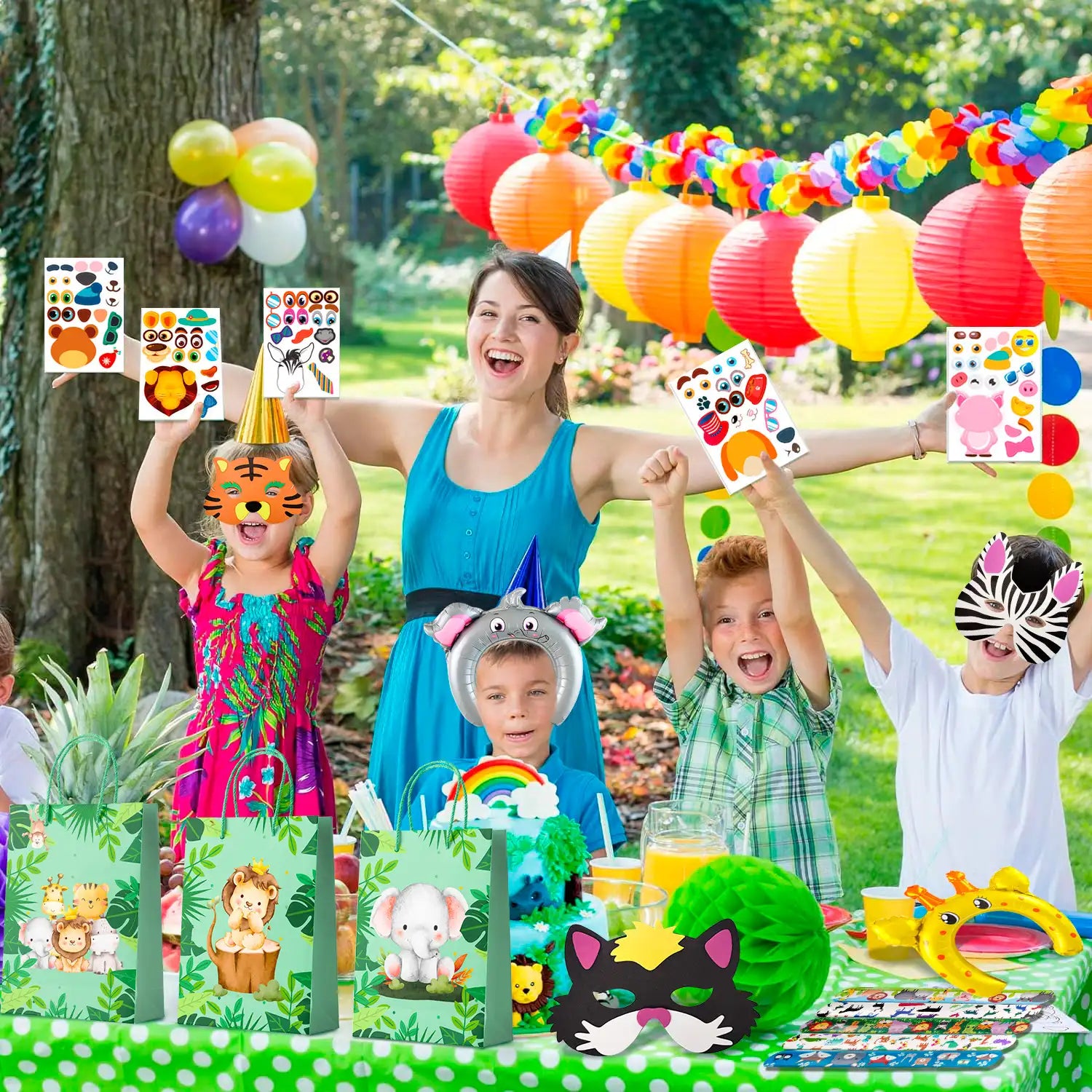 Jungle Safari Party Favors, 72pcs Jungle Safari Birthday Party Favors Set Includes Safari Party Slap Bracelets Stickers Straws Balloon, Animal Mask, Safari Goodie Bags etc Jungle Party Favors for Kids