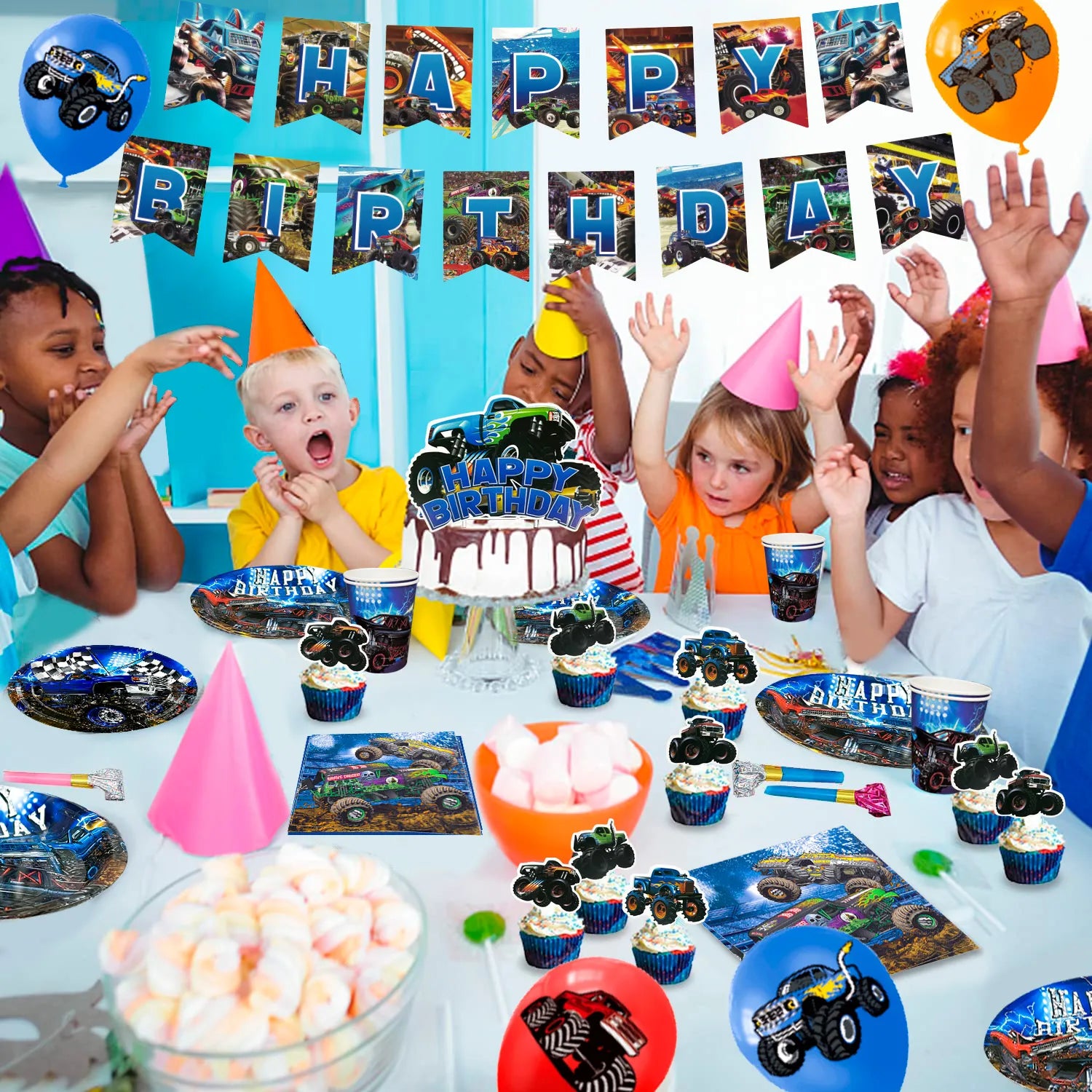 Monster Truck Birthday Party Supplies, 82pcs Monster Truck Birthday Decorations & Tableware Kit - Monster Truck Plates and Napkins Banner Backdrop etc Monster Truck Decorations for Birthday Party