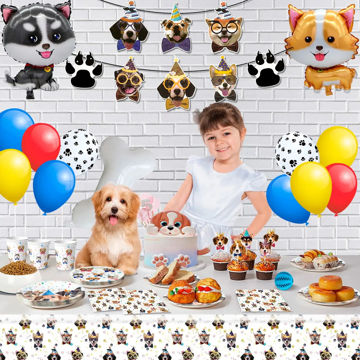 Puppy Dog Birthday Party Supplies, 16 Guests Dog Party Decorations Dog Birthday Party Tableware Set, Dog Birthday Banner, Puppy Balloons&Puppy Party Plates Cups Table Cloth etc Dog Themed Party Supplies