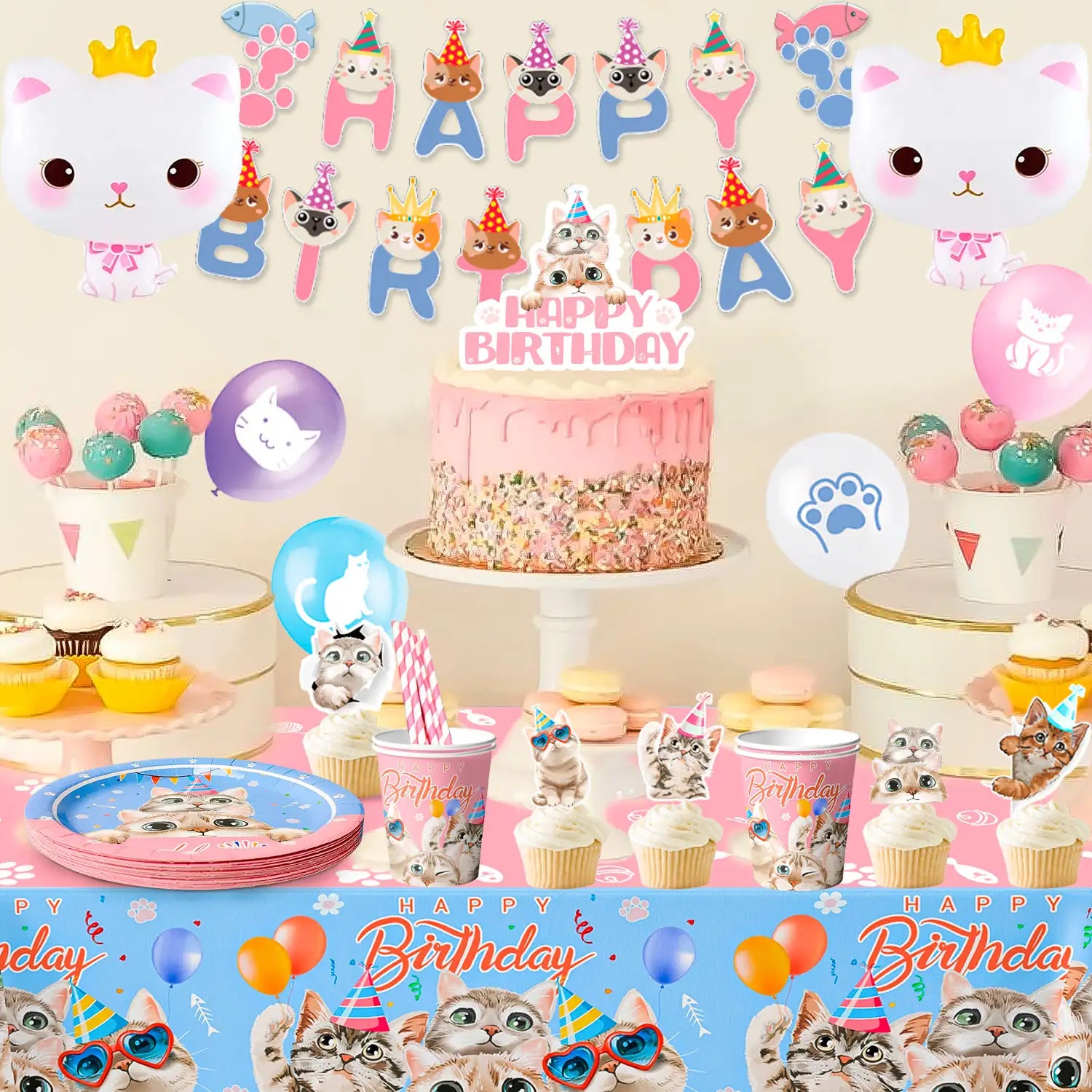 Cat Birthday Party Supplies, 16 Guests Cat Party Decorations Set Includes Cat Birthday Decoration Balloons Banner Cake Topper And Cat Party Plates Cups Tablecloth ect Cat Themed Birthday Party Supplies