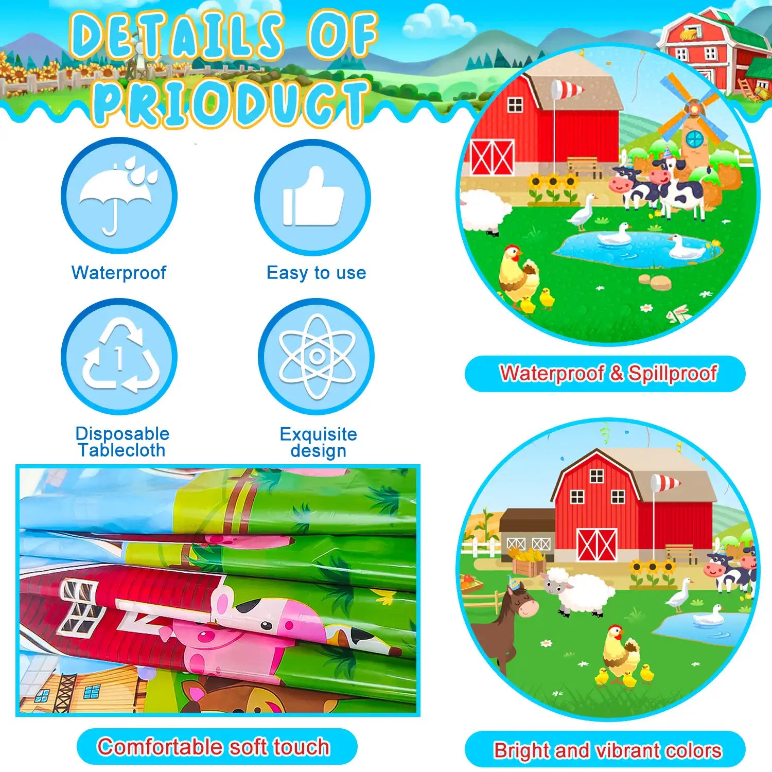 Farm Animal Tablecloth,3pcs Barnyard Theme Tablecloths Set - Farm Animal Party Tablecloth,Farm Tablecloth & Farm Animals Tablecover, for Farm Party Decorations & Farm Birthday Decorations Supplies