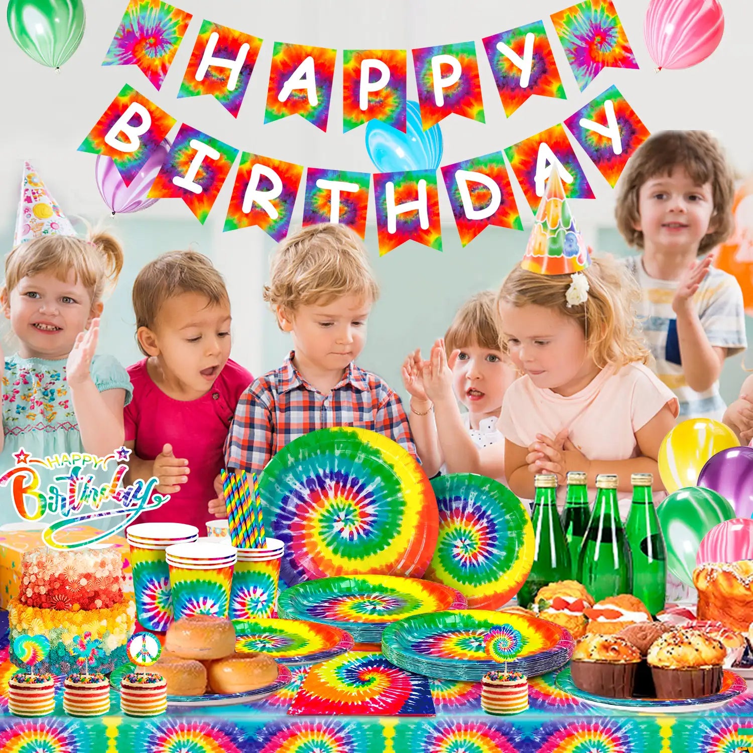 Tie Dye Birthday Party Supplies, 113pcs Tie Dye Party Tableware&Decorations Set - Tie Dye Paper Plates Cups Tablecloth Napkins Banner & Marble Balloons etc Tie Dye Party Decorations, Serves 16 Guests