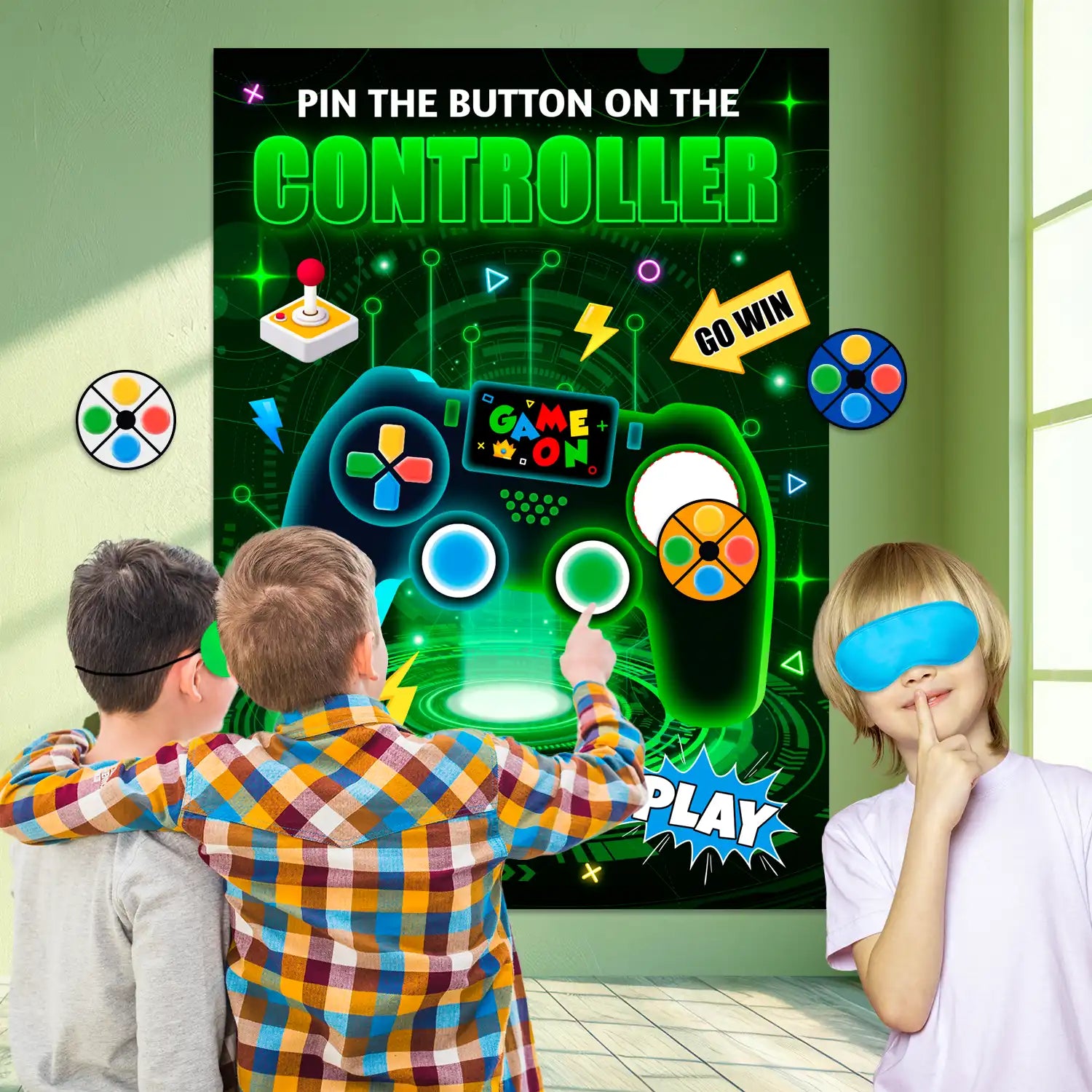 Pin The Button on The Video Game Party Game, Video Game Birthday Games Supplies - Video Game Party Game Poster, Video Game Button Sticker & Gaming Party Blindfold etc Video Game Birthday Decorations