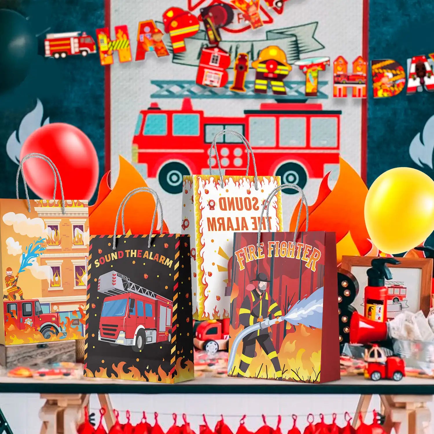 Firetruck Gift Bags, Fire Truck Party Favor Bags Set - Firetruck Birthday Gift Bags, Firefighter Party Bags & Fire Truck Goodie Bags for Fire Truck Birthday Decorations/Firefighter Party Decorations