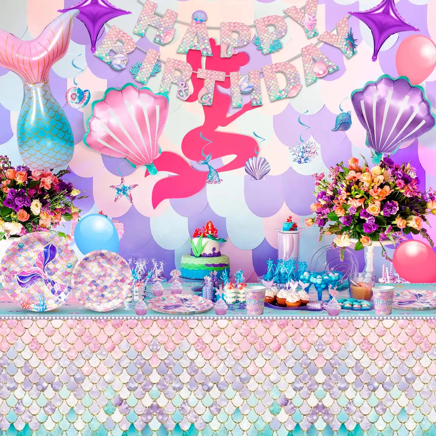 Mermaid Party Supplies,90 Pcs Mermaid Birthday Party Supplies Kit - Mermaid Birthday Plates Cups Napkins Tablecloth & Mermaid Banner Balloons Hanging Swirl etc Mermaid Birthday Decorations for Girls