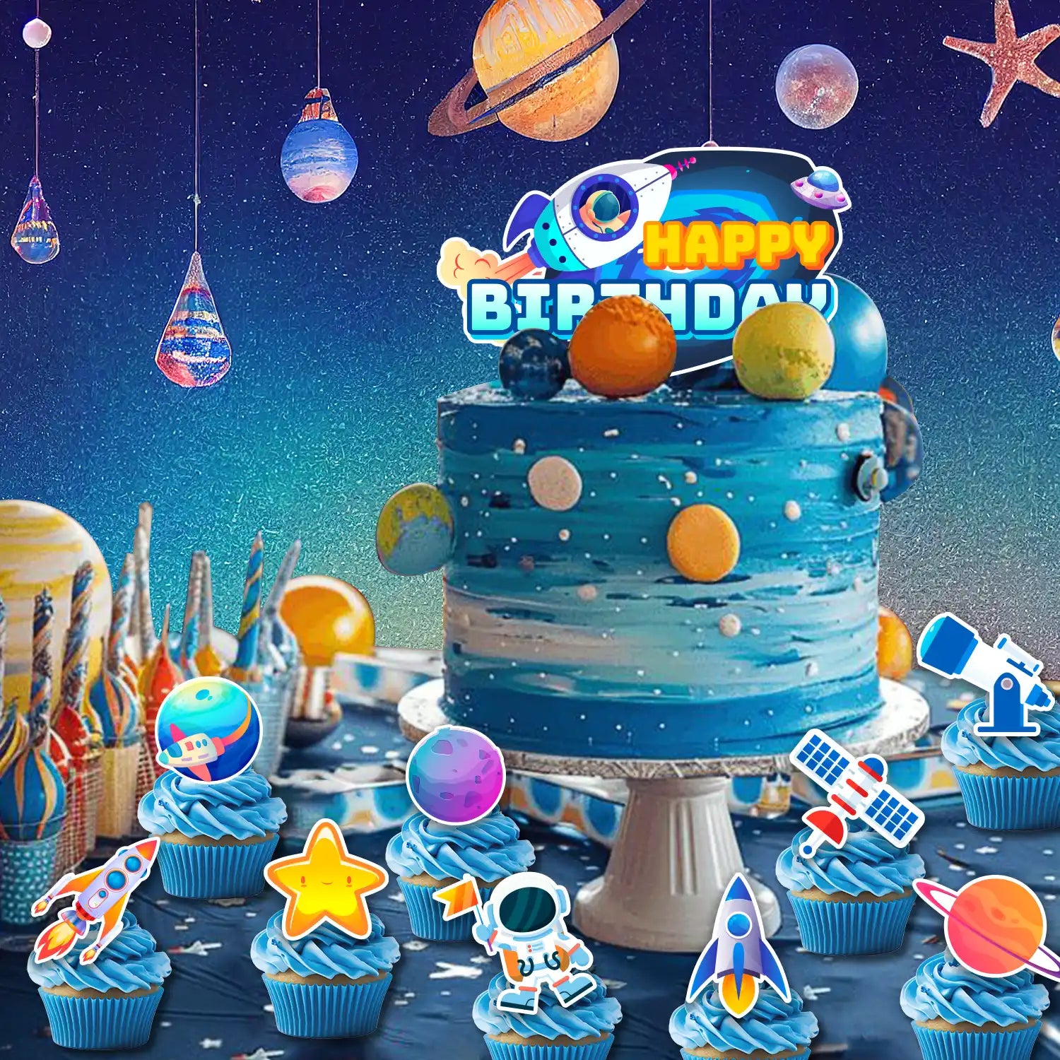 Space Cake Topper, 25 Pcs Space Cake Decorations - 1 Space Theme Cake Topper + 24 Space Cupcake Toppers, Astronaut Rocket Cake Topper & Planet Cake Toppers etc Outer Space Party Decorations Supplies