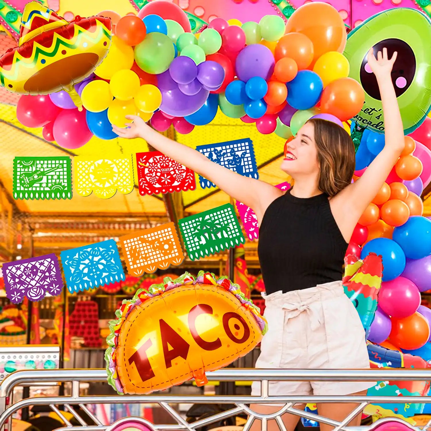 Mexican Fiesta Decorations, 62pcs Cinco De Mayo Decorations Set - Mexican Fiesta Balloon Banner & Mexican Fiesta Party Tablecloth etc Mexican Theme Party Decorations Supplies