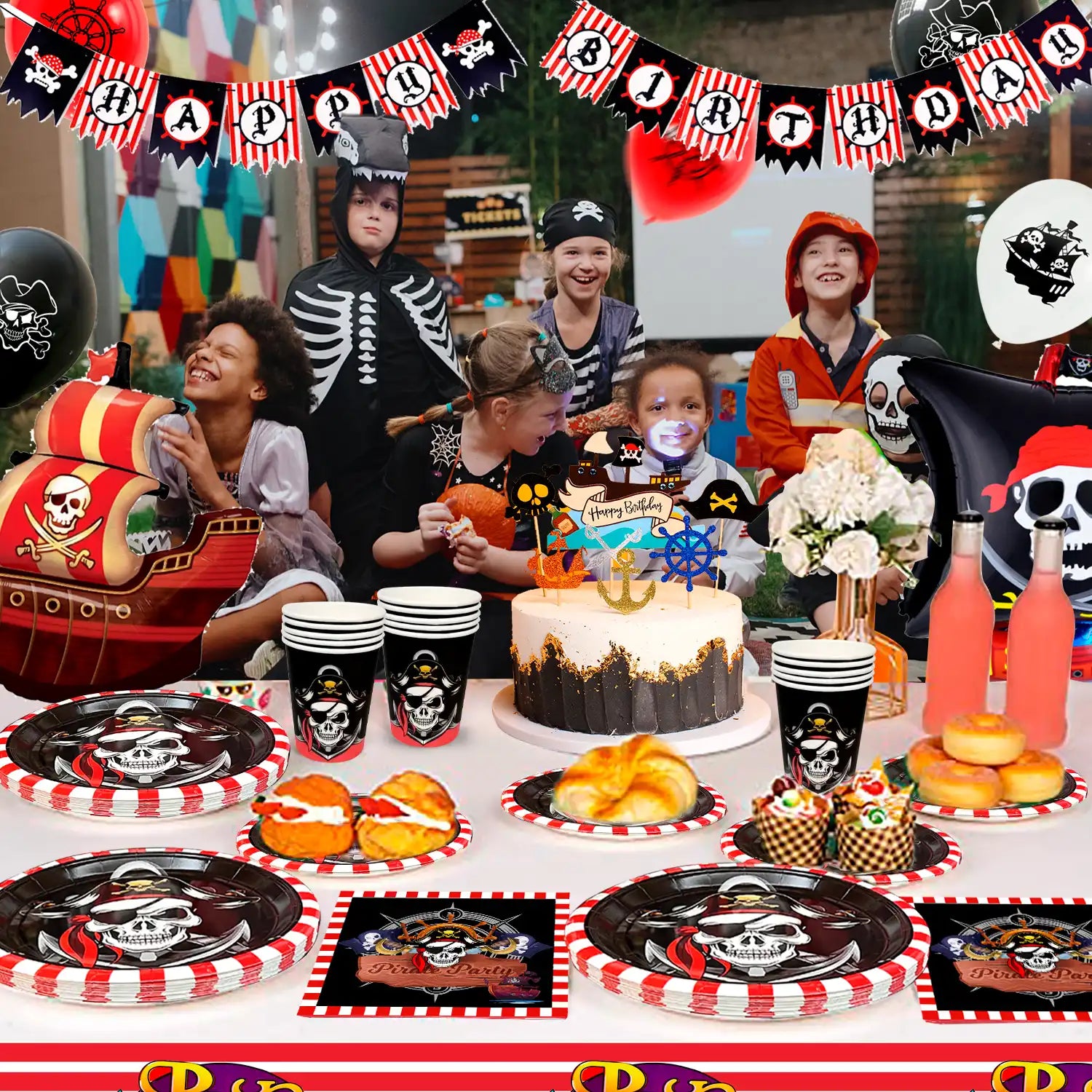 Pirate Birthday Party Supplies,113Pcs Pirate Party Decorations & Tableware Set - Pirate Birthday Banner Balloons Tablecloth Plates Cups Napkins ect, Pirate Halloween Themed Birthday Decorations