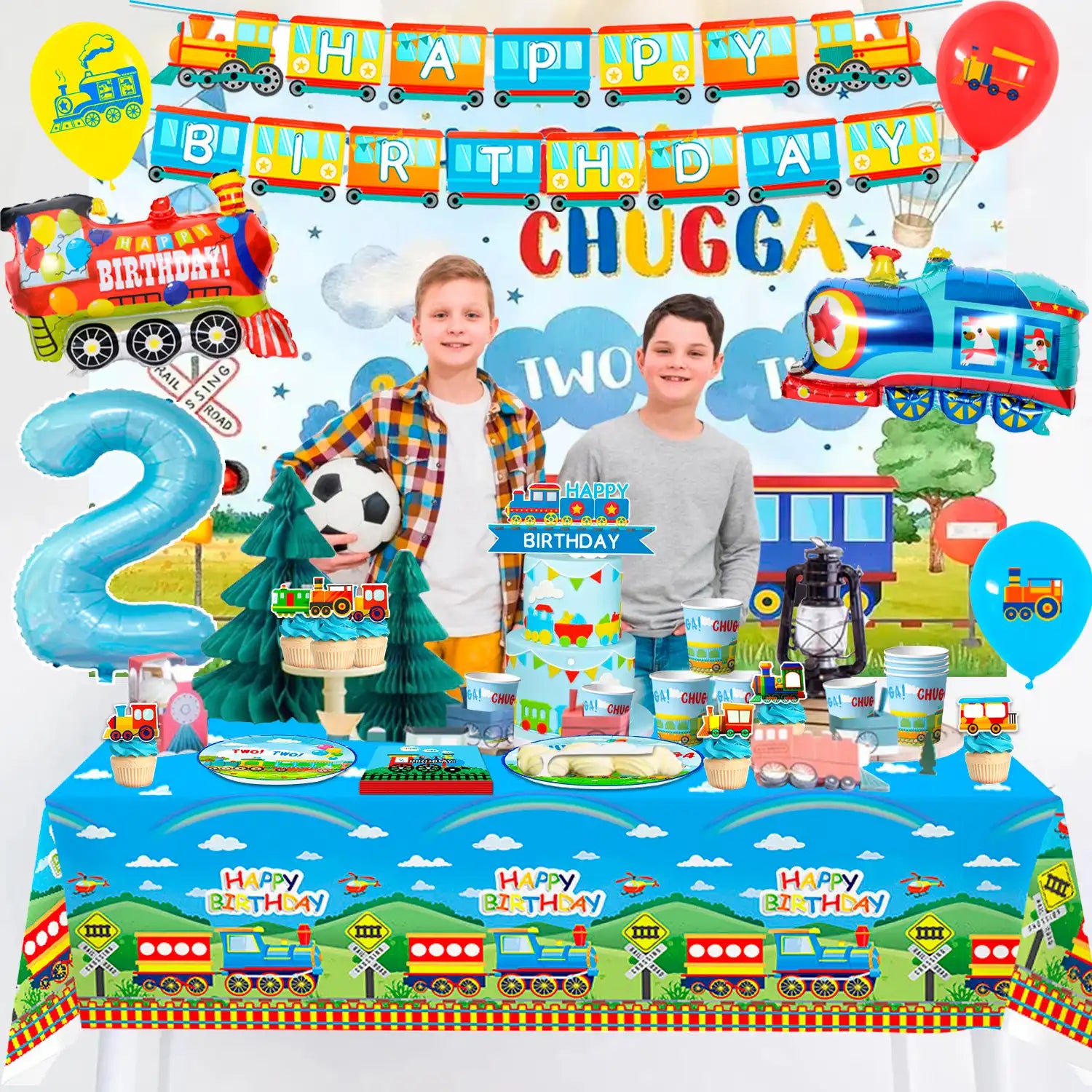 Chugga Chugga Two Two Party Decorations, 16 Guests Train Birthday Decorations & Train Party Tableware Set- Train Plates Cups Napkins Tablecloth Banner Balloons Backdrop etc Train Birthday Party Supplies